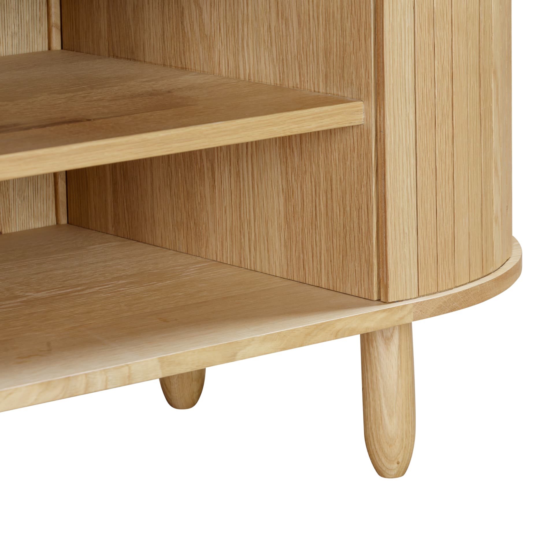 close view on finishes, doors and legs of the oak tv unit