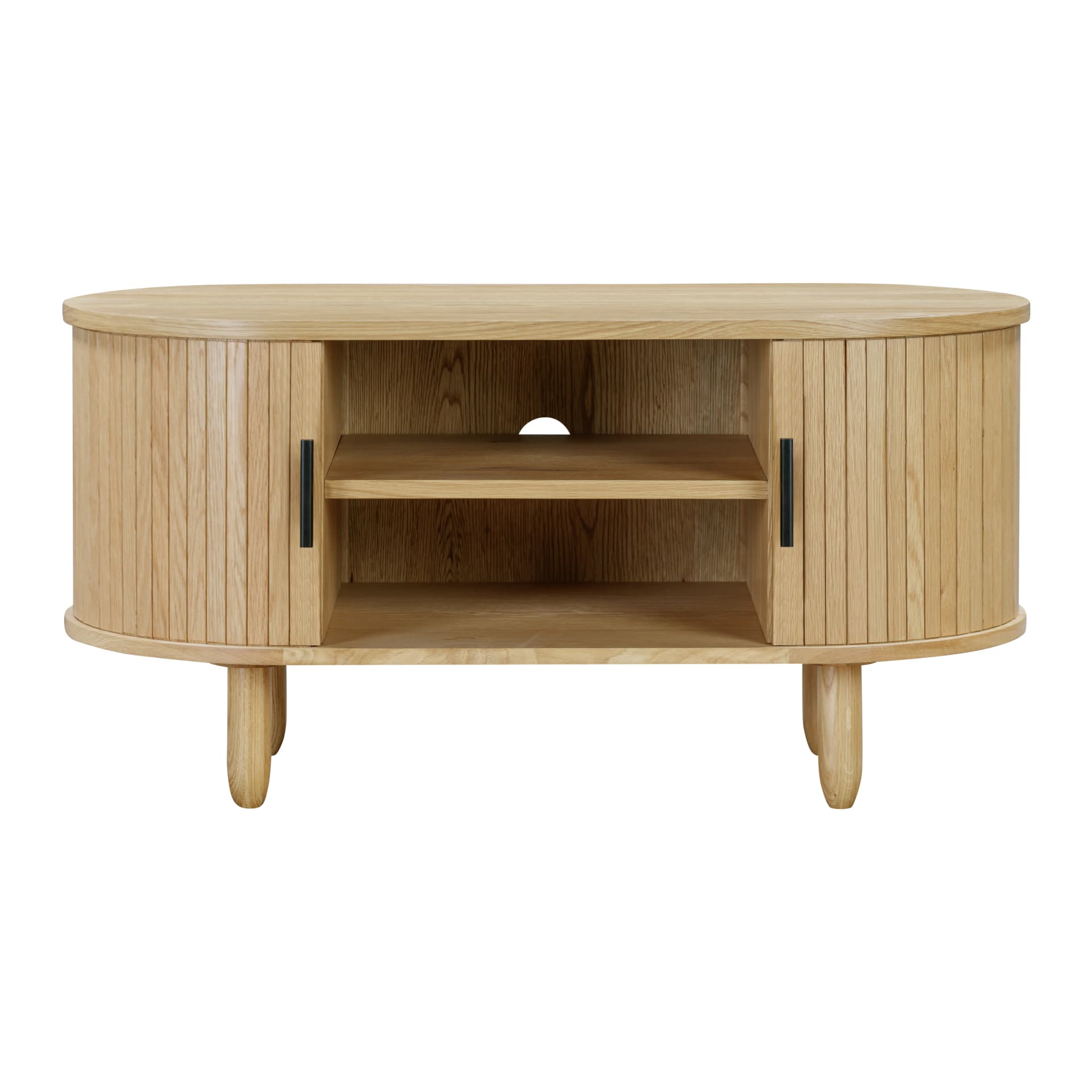 front view on small wooden tv stand with closed and open storage and cable management