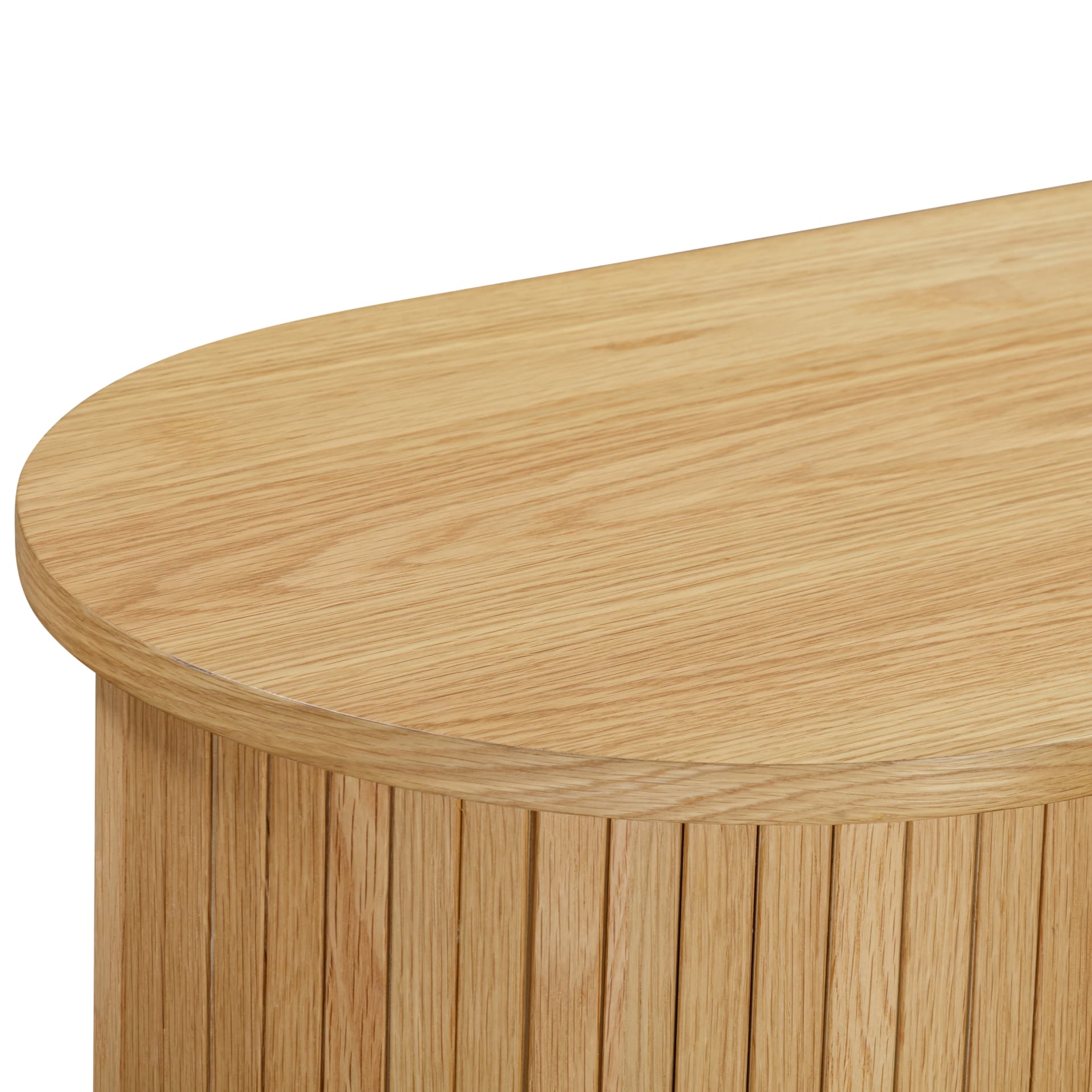 close look on finished, rounded oval top and slats of the doors of the 2 door sideboard