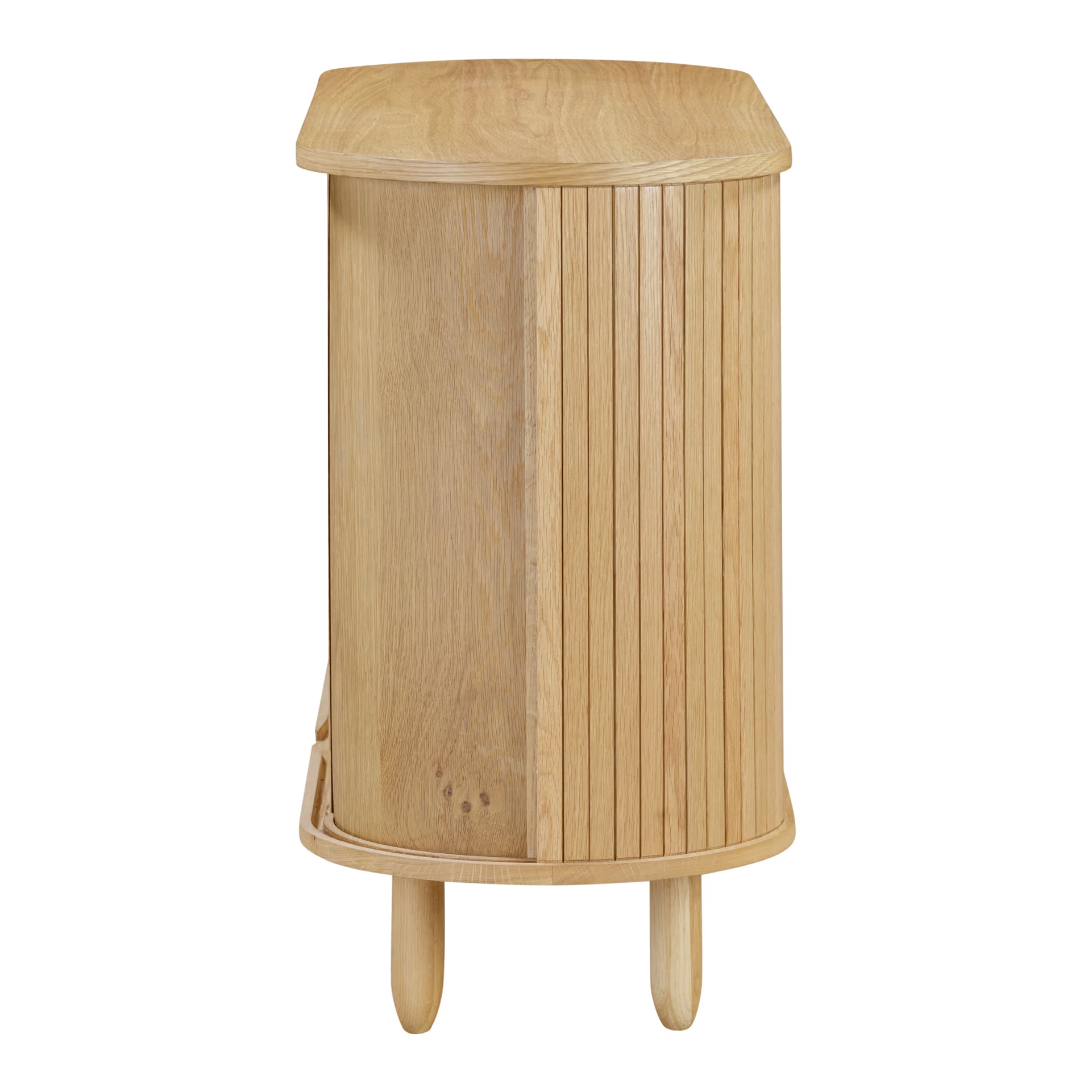 Side look on an oval two door oak sideboard with sliding doors. The grooves are visible where the doors slide from the side