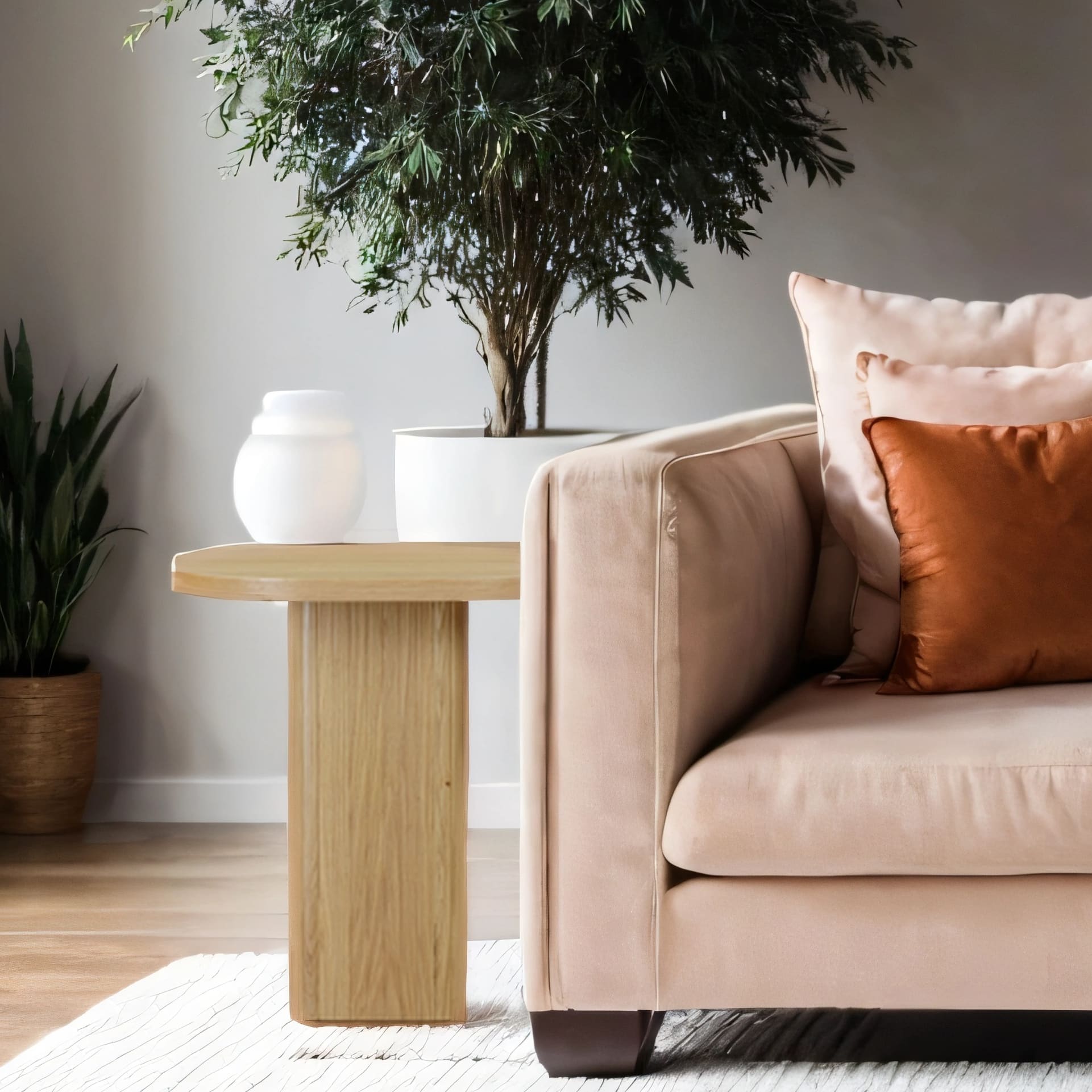 Square oak side table is shown in a room setting next to a sofa (AI generated life setting) 