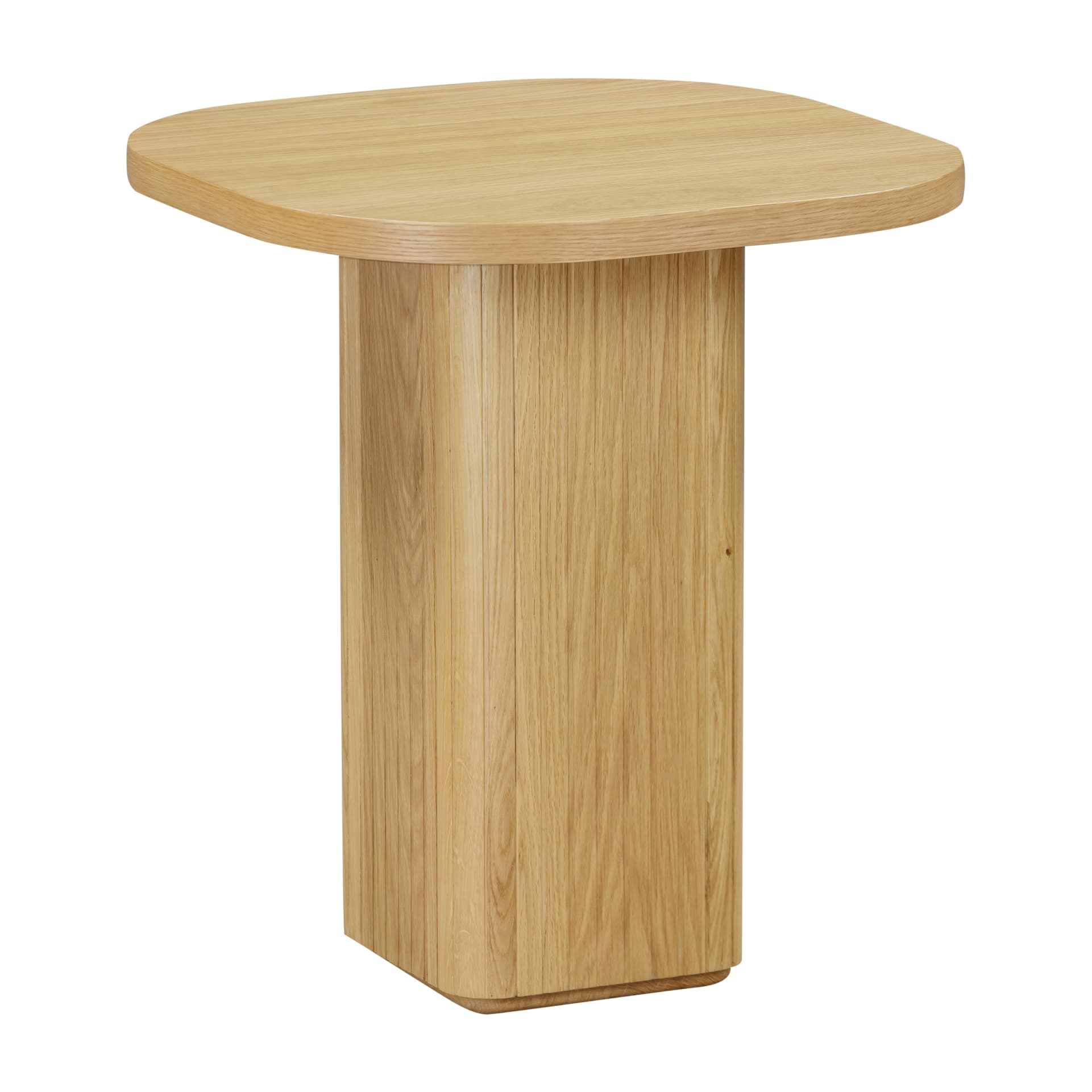 product picture at an angle of square oak side table with slatted pedestal base