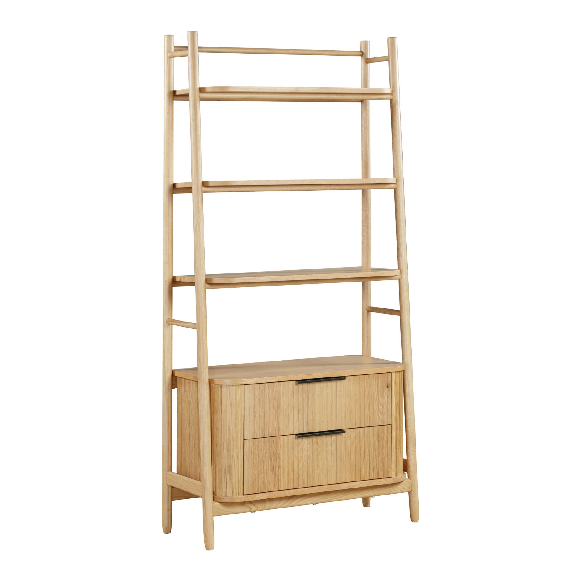 tall oak bookcase with drawers is shown separately on white background at an angle 