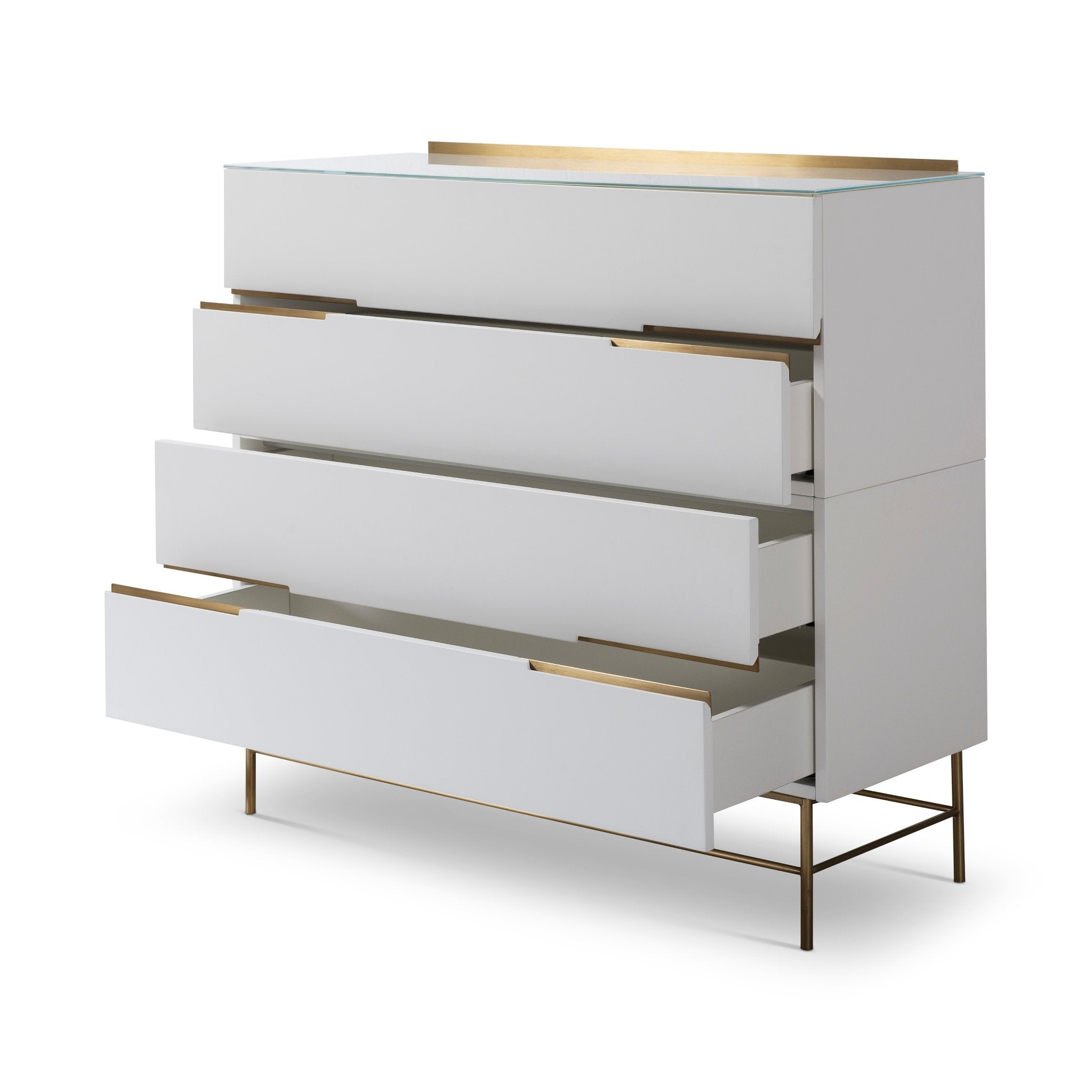 Alberto Four Drawer Wide Chest White with Brass Frame