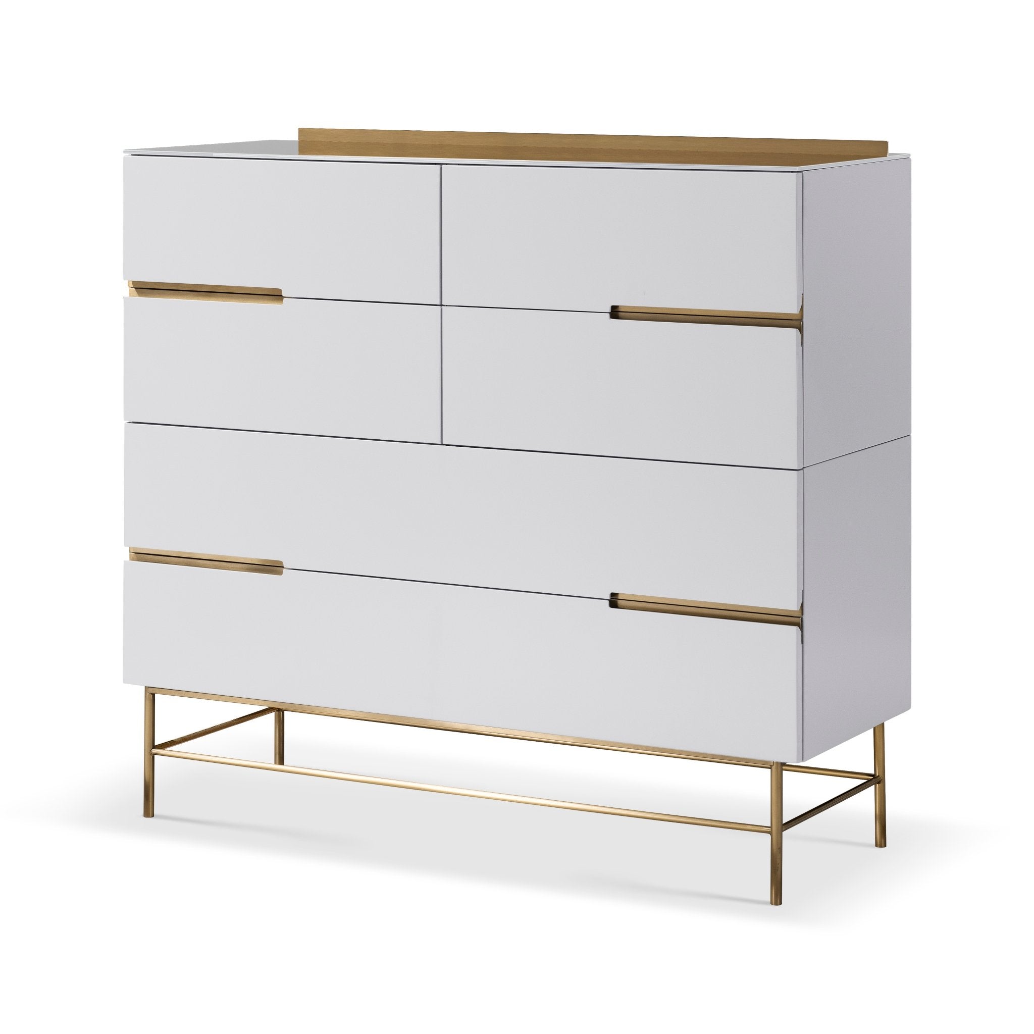 Alberto Six Drawer Wide Chest White with Brass Frame