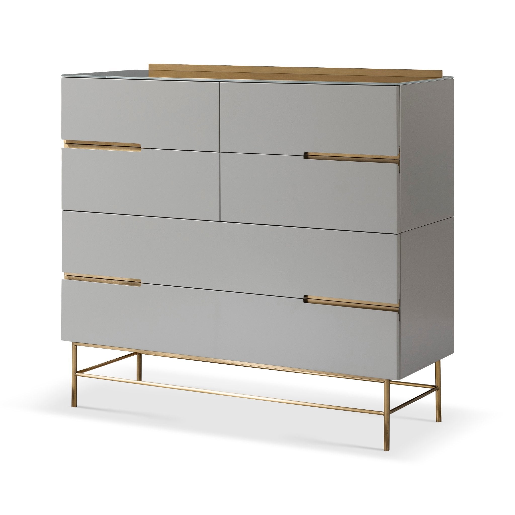 Alberto Six Drawer Wide Chest Grey with Brass Frame
