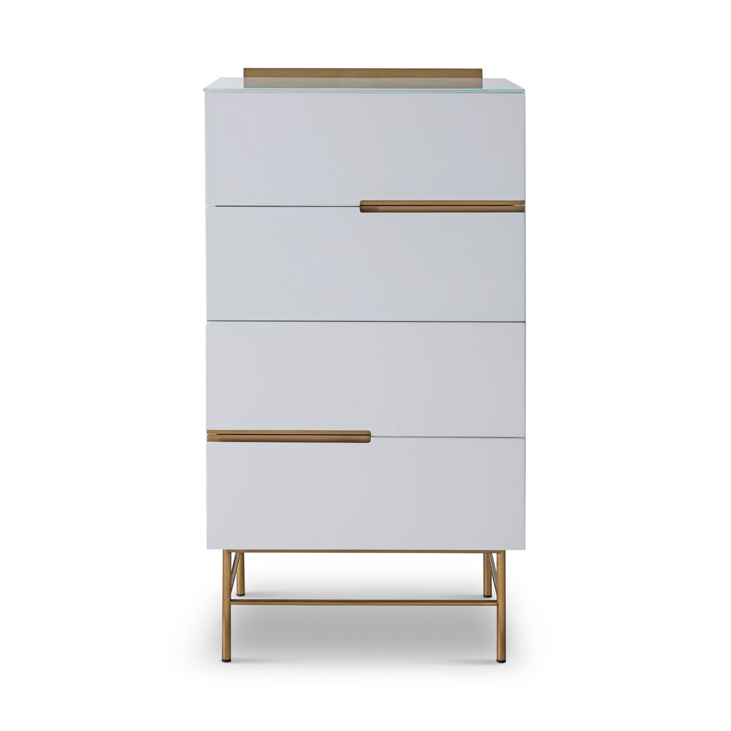 Alberto Four Drawer Narrow Chest White with Brass Frame