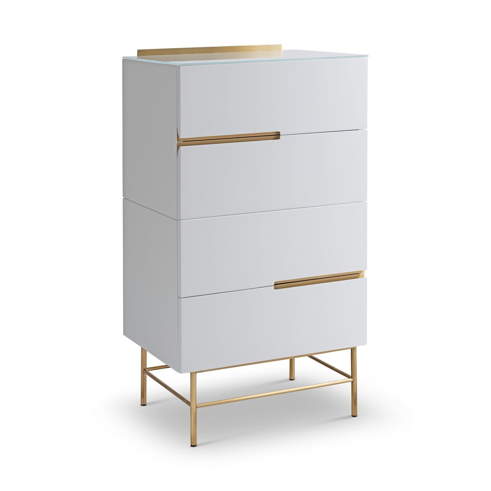 Alberto Four Drawer Narrow Chest White with Brass Frame