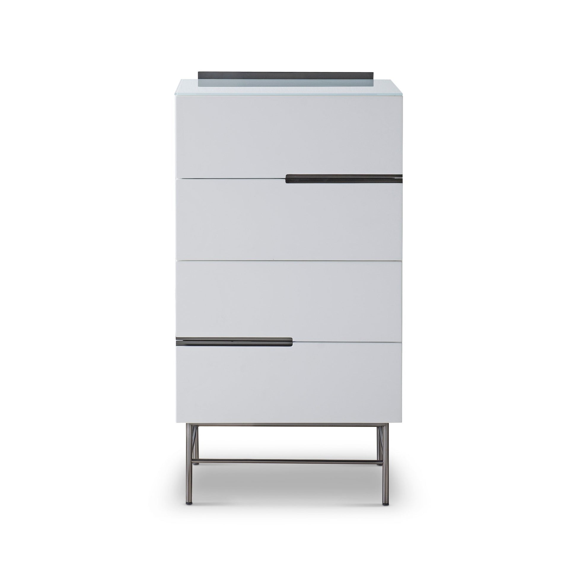 Alberto Four Drawer Narrow Chest White with Black Chrome Frame