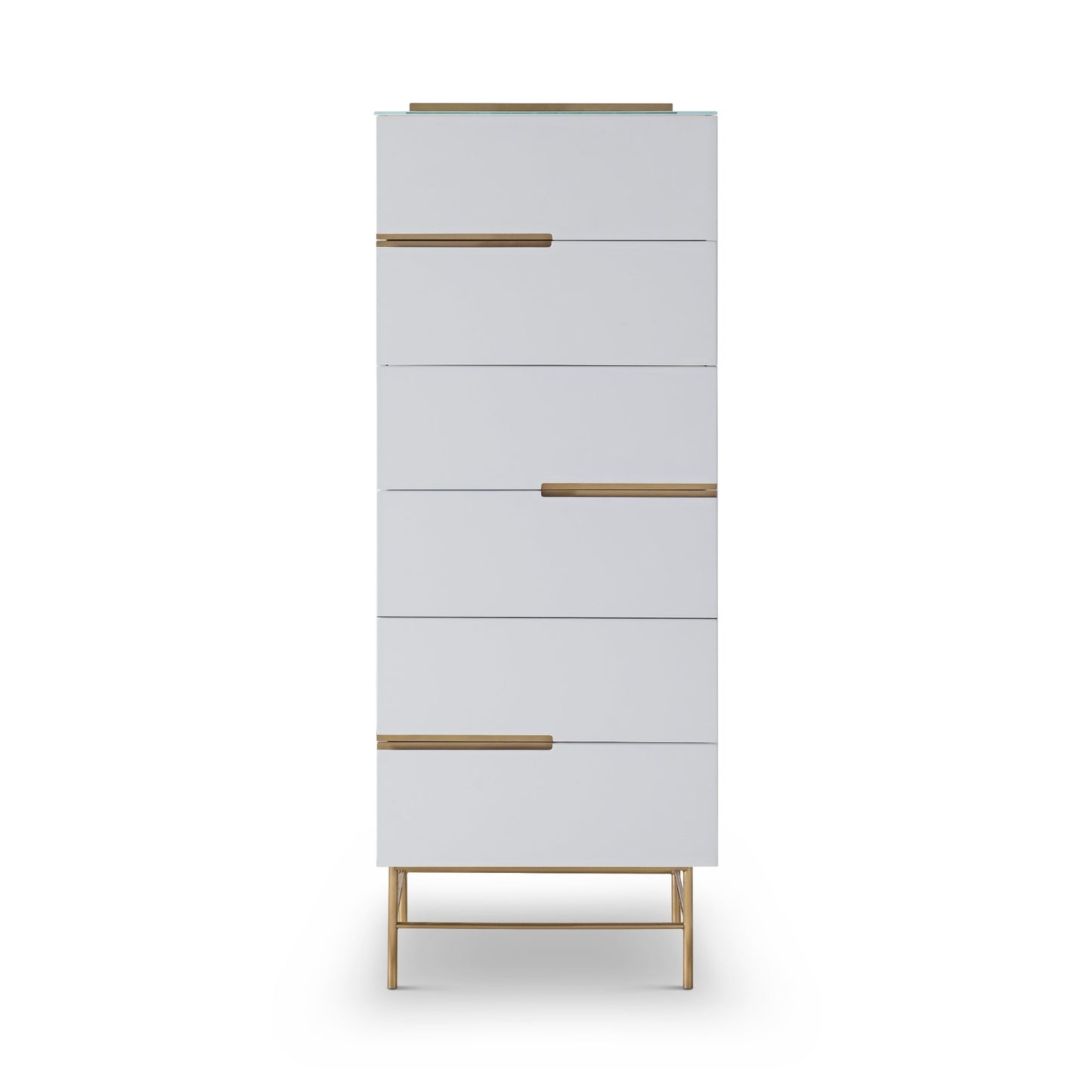 Alberto Six Drawer Narrow Tall Chest White with Brass Frame