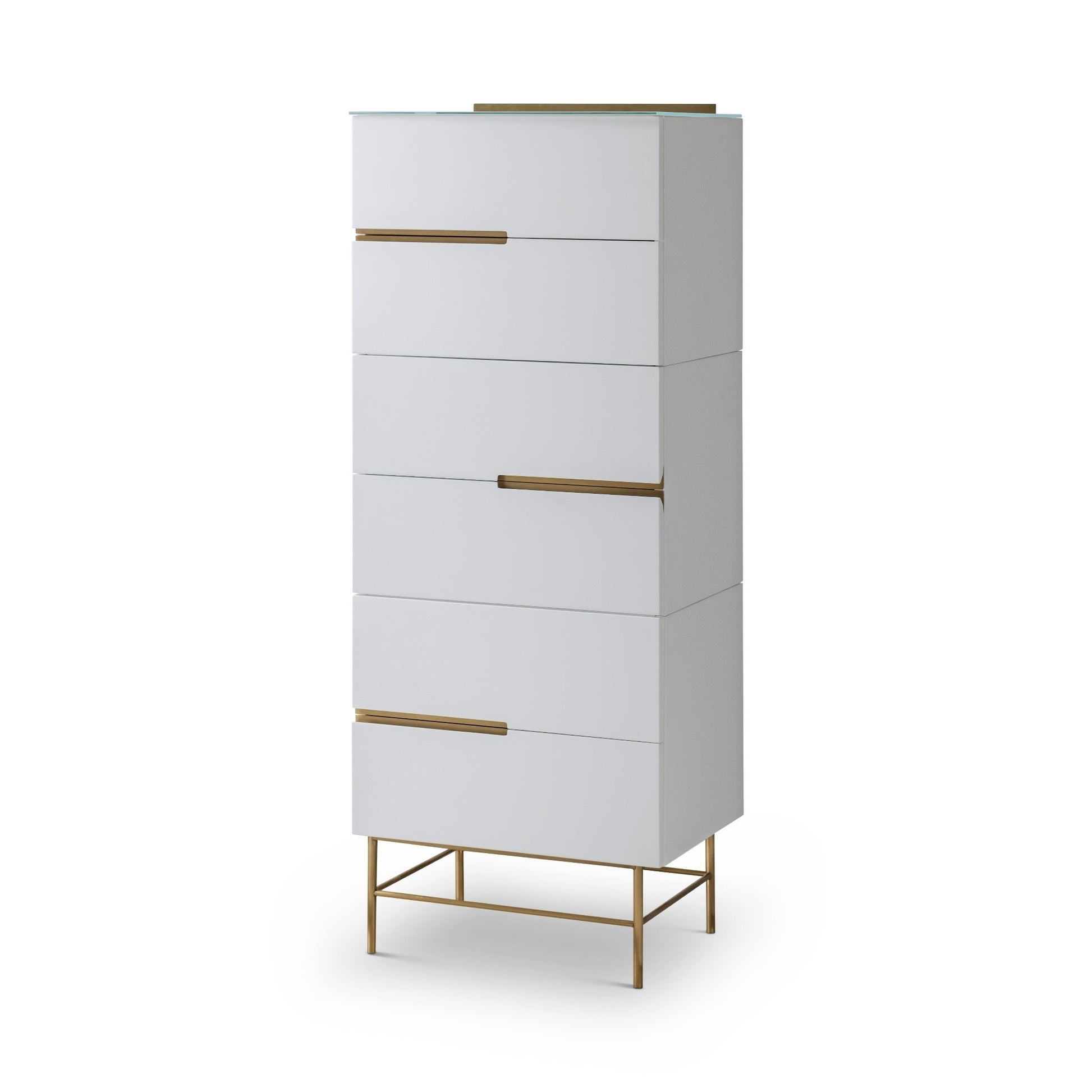 Alberto Six Drawer Narrow Tall Chest White with Brass Frame