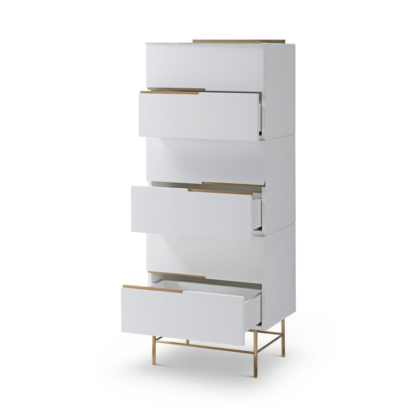 Alberto Six Drawer Narrow Tall Chest White with Brass Frame