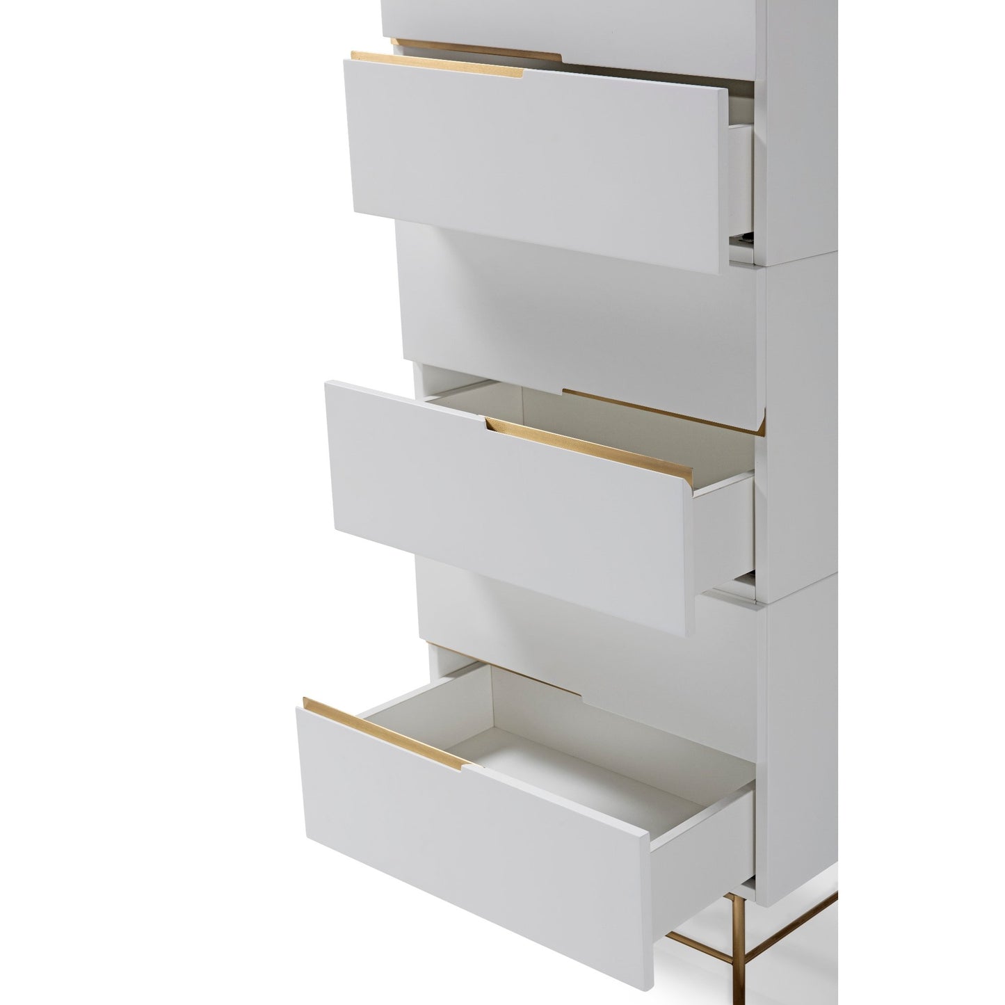 Alberto Six Drawer Narrow Tall Chest White with Brass Frame