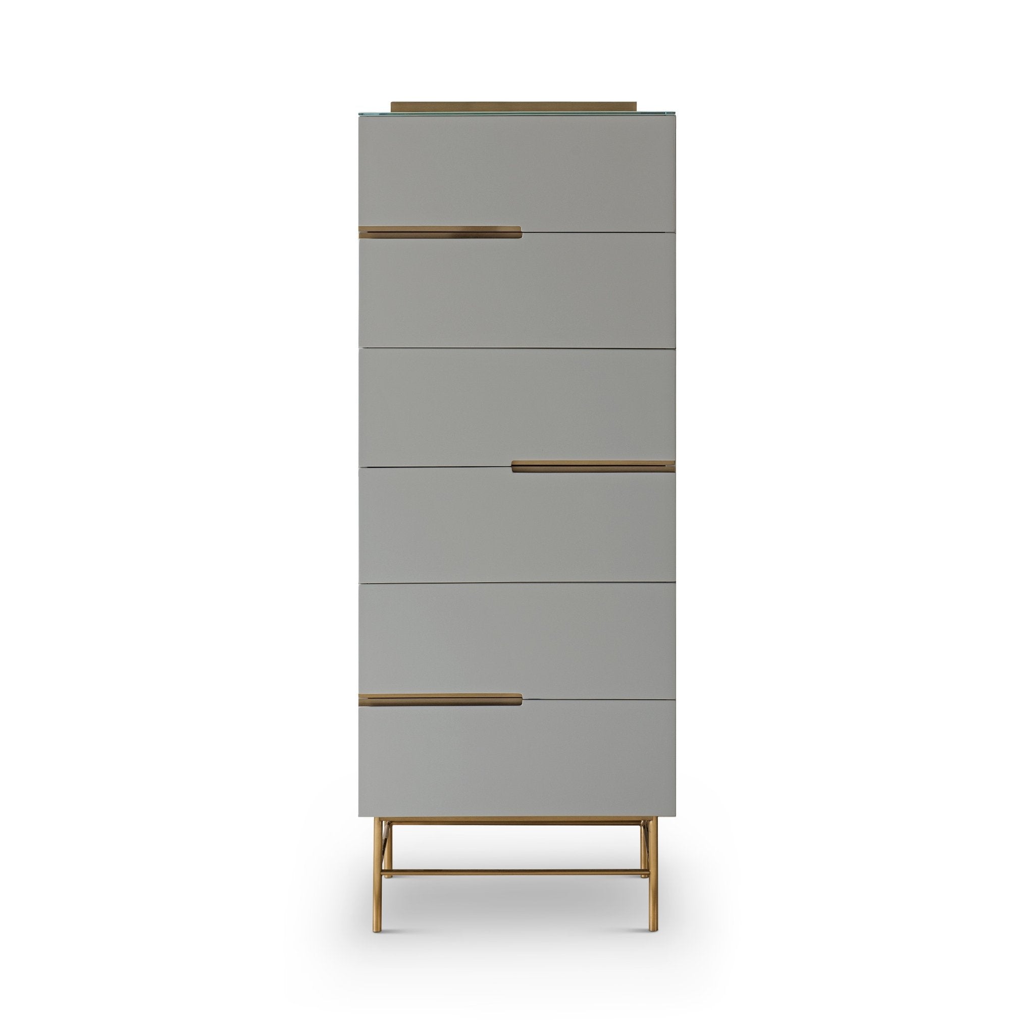 Alberto Six Drawer Narrow Tall Chest Grey with Brass Frame