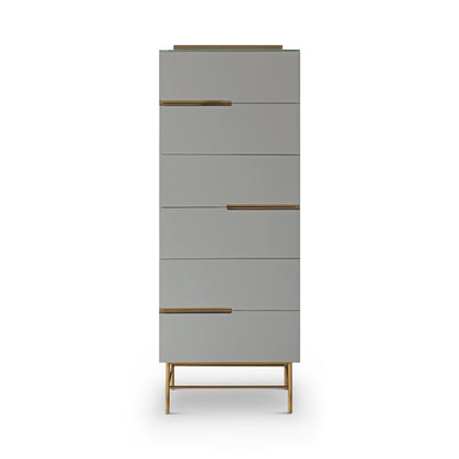 Alberto Six Drawer Narrow Tall Chest Grey with Brass Frame