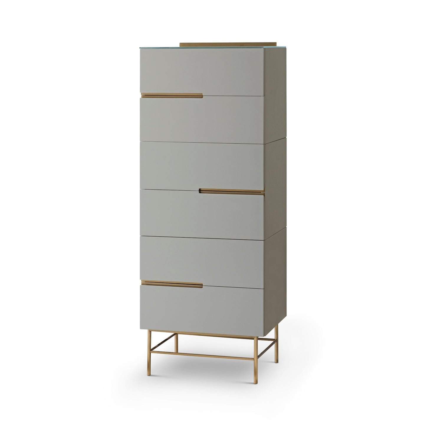 Alberto Six Drawer Narrow Tall Chest Grey with Brass Frame