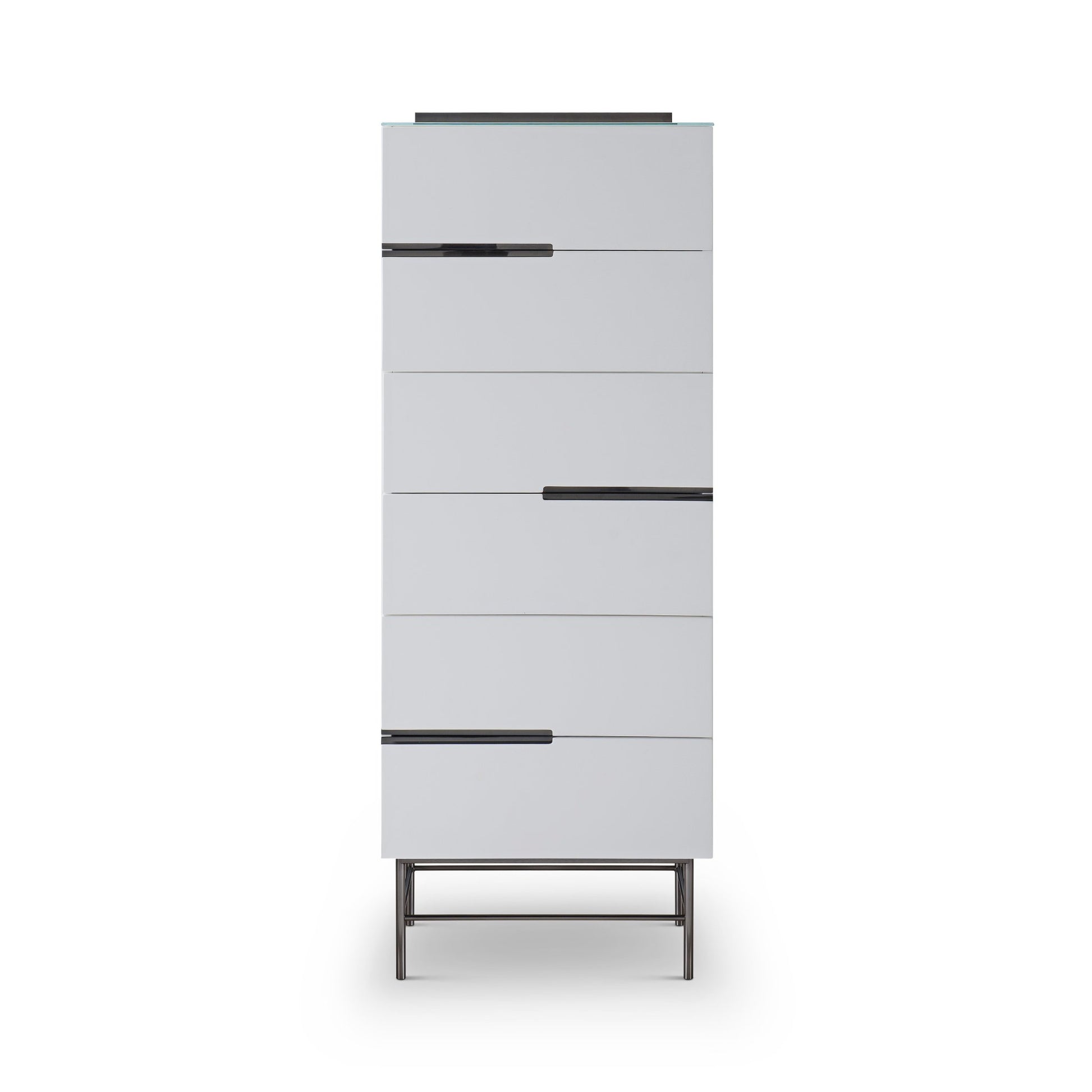 Alberto Six Drawer Narrow Tall Chest White with Black Chrome Frame