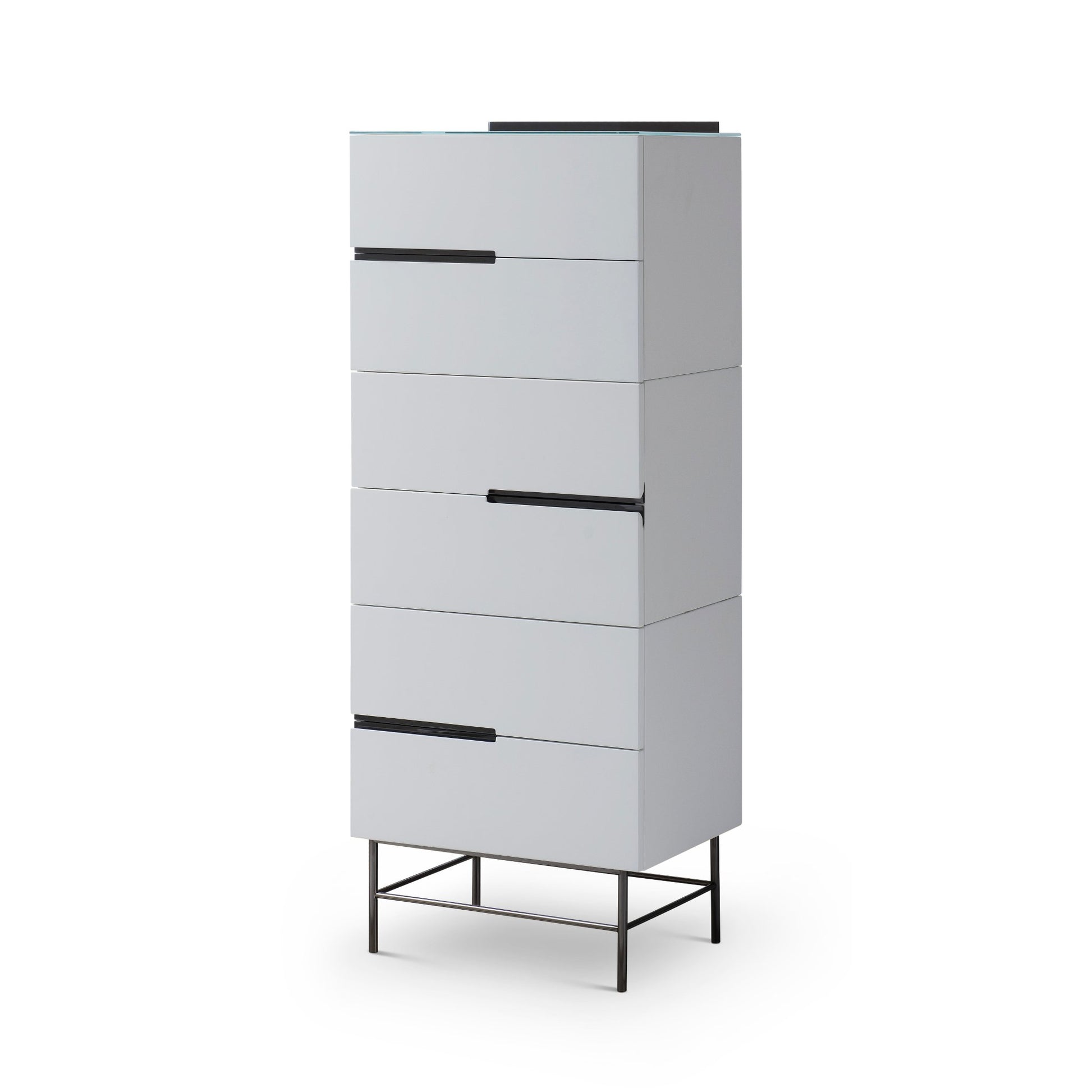 Alberto Six Drawer Narrow Tall Chest White with Black Chrome Frame