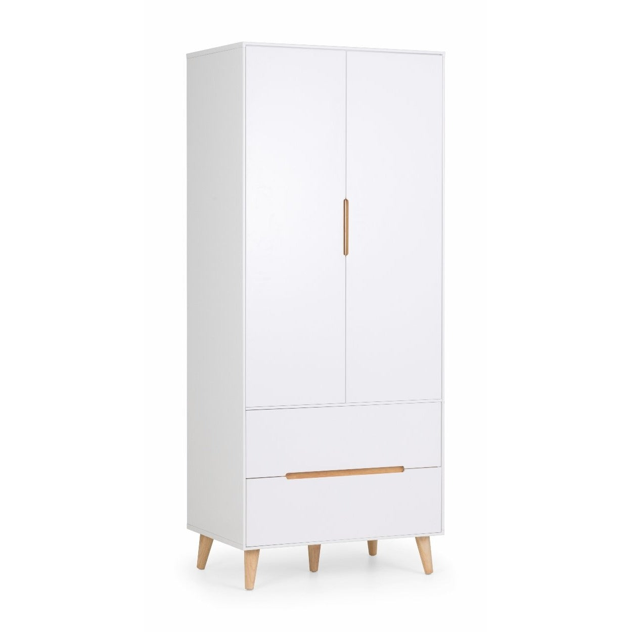 2 door 2 drawer combination white wardrobe with recessed oak handles shown separately in full height at an angle