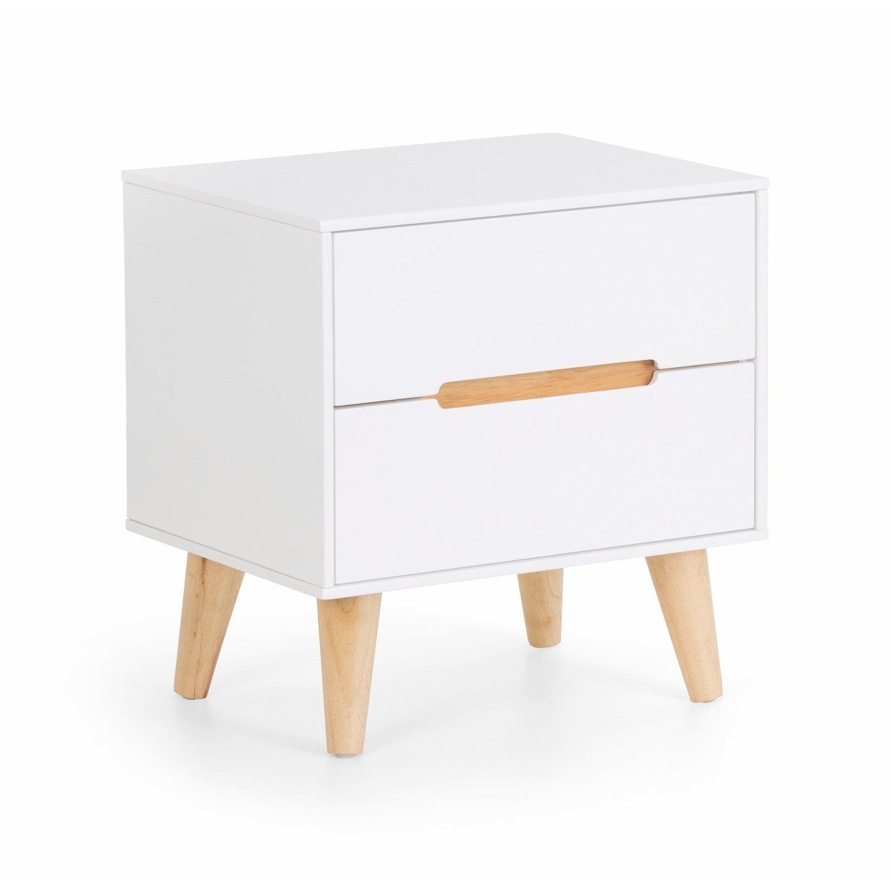 two drawer white bedside table with oak legs and recessed handles is shown on a white background without distractions