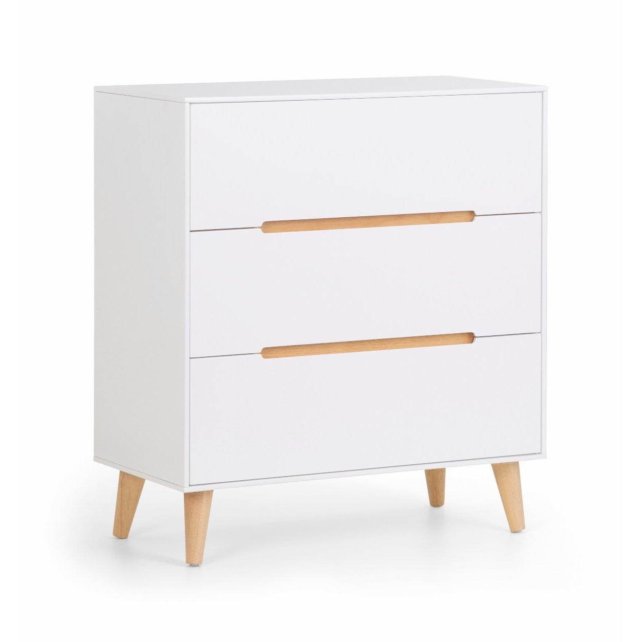 3 drawer wide white chest is shown on white background without disturbances. Recessed handles and legs are of contrasting oak colour