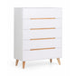 5 drawer white chest with oak legs and recessed handles is presented on white background without distractions. Oak recessed handles contrast beautifully with white drawers