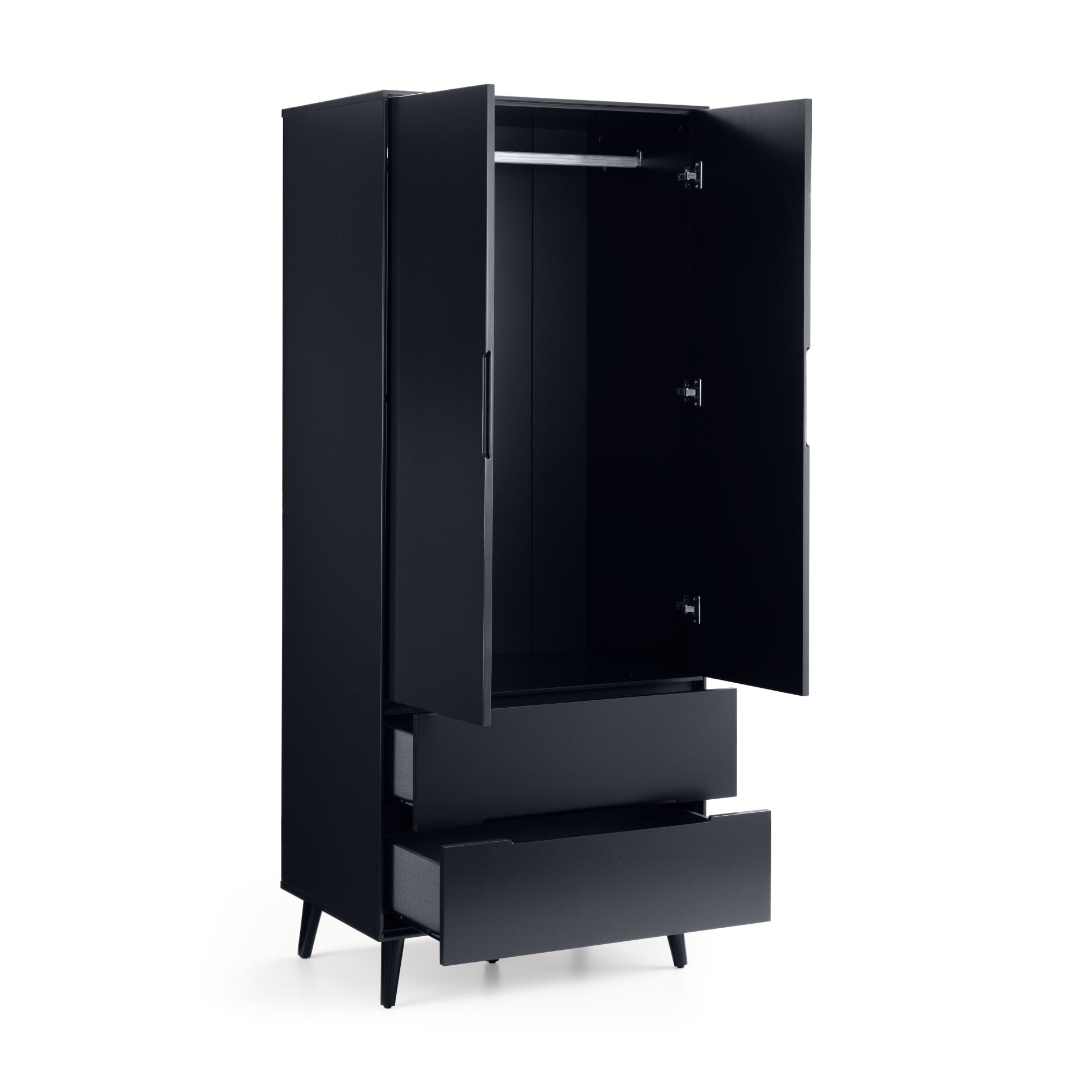 Charcoal black 2 door 2 drawer combination wardrobe shown with open doors and drawers to present internal storage
