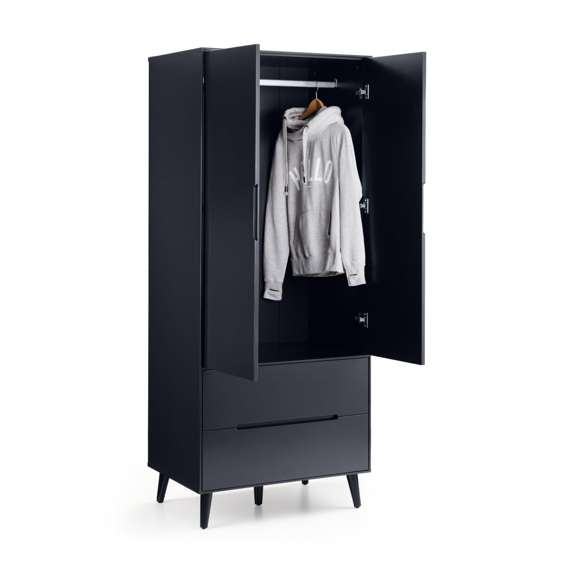 Black wardrobe is shown with open doors and clothes hanging on a rail