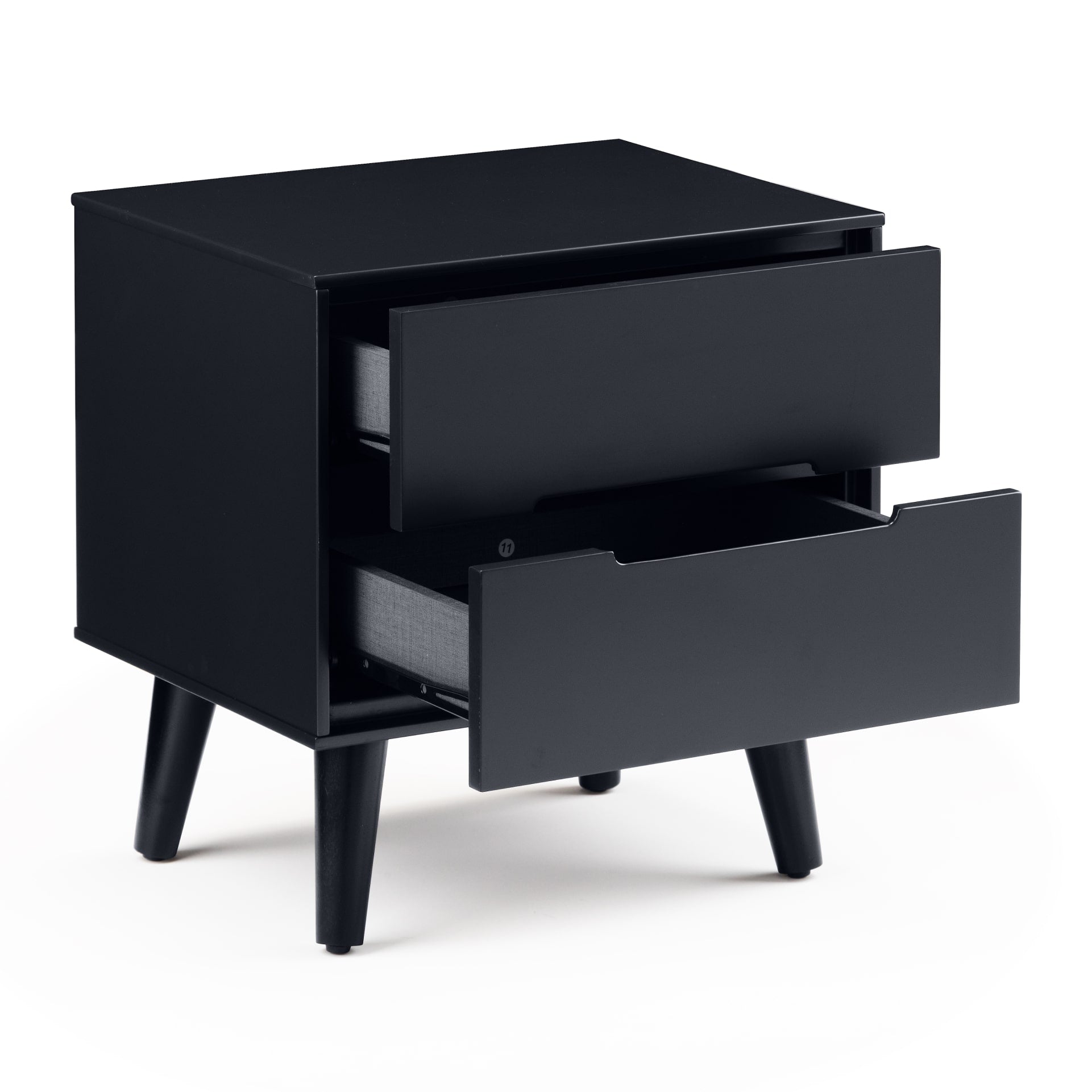 2 drawer bedside table in anthracite black colour with recessed handles is shown with open drawers to showcase storage