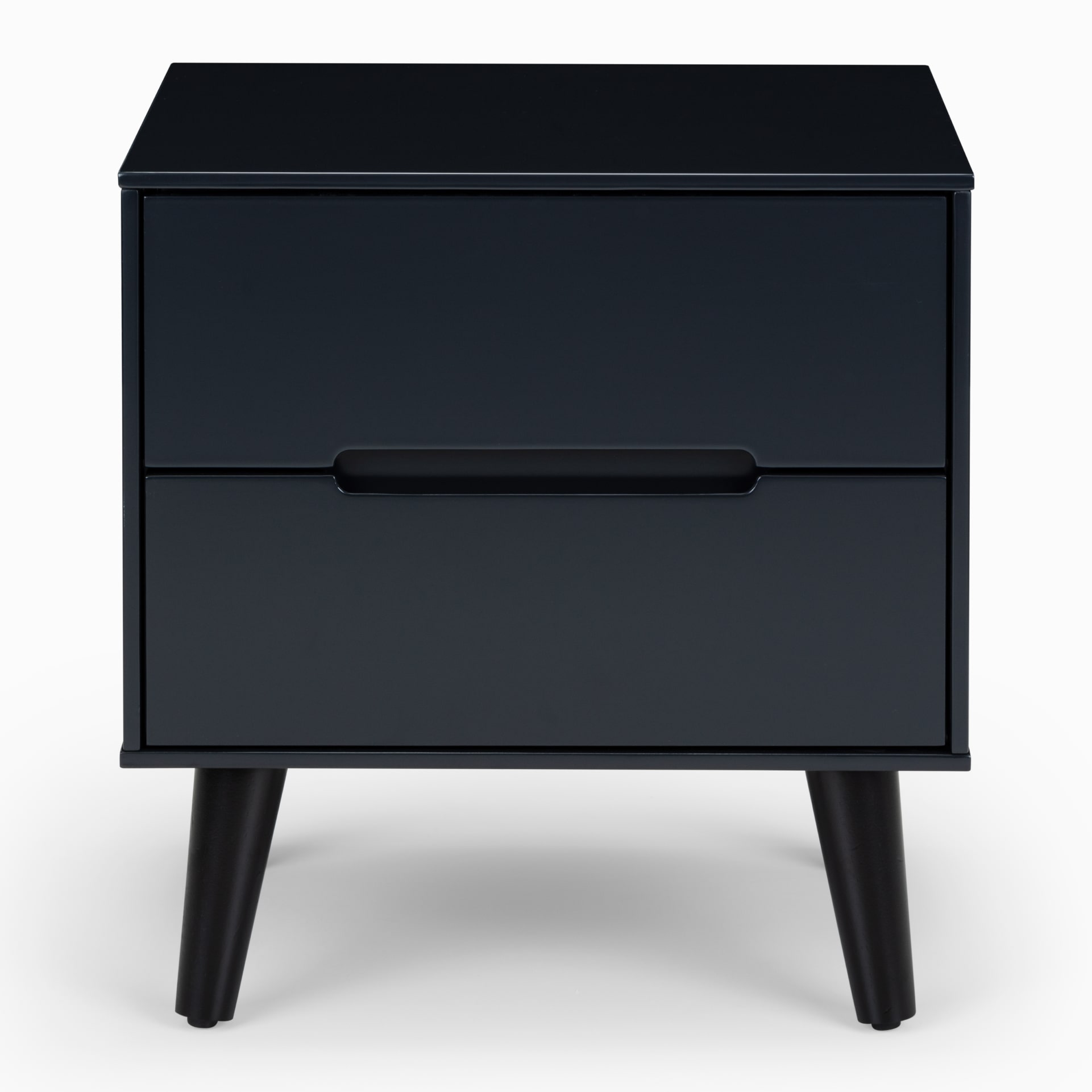 View from the front on the 2 drawer bedside table in black/anthracite colour. The recessed handles add elegancy with geometric pattern