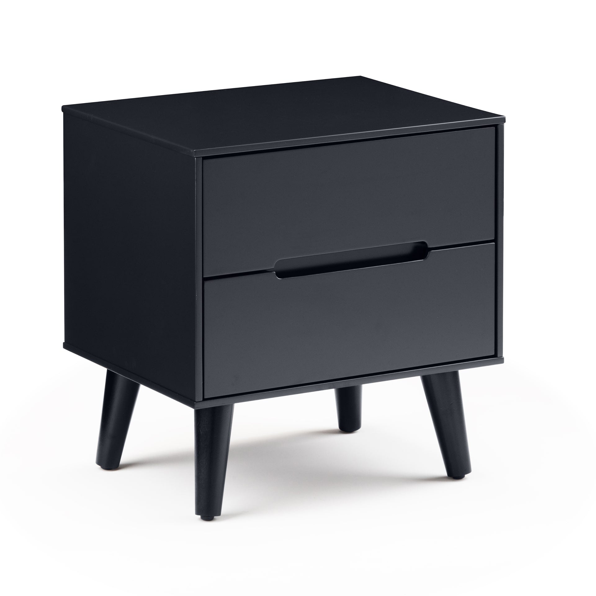 black two drawer bedside table with recessed handles and shown on a white background without distractions