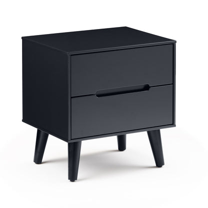 black two drawer bedside table with recessed handles and shown on a white background without distractions