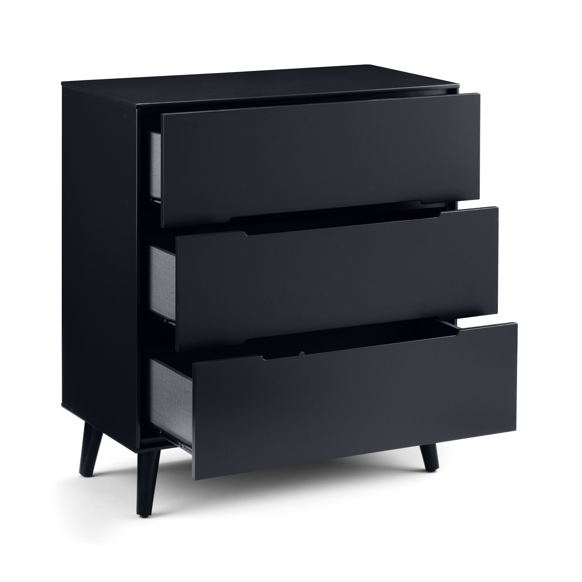 3 drawer wide black chest is shown with open drawers to showcase storage