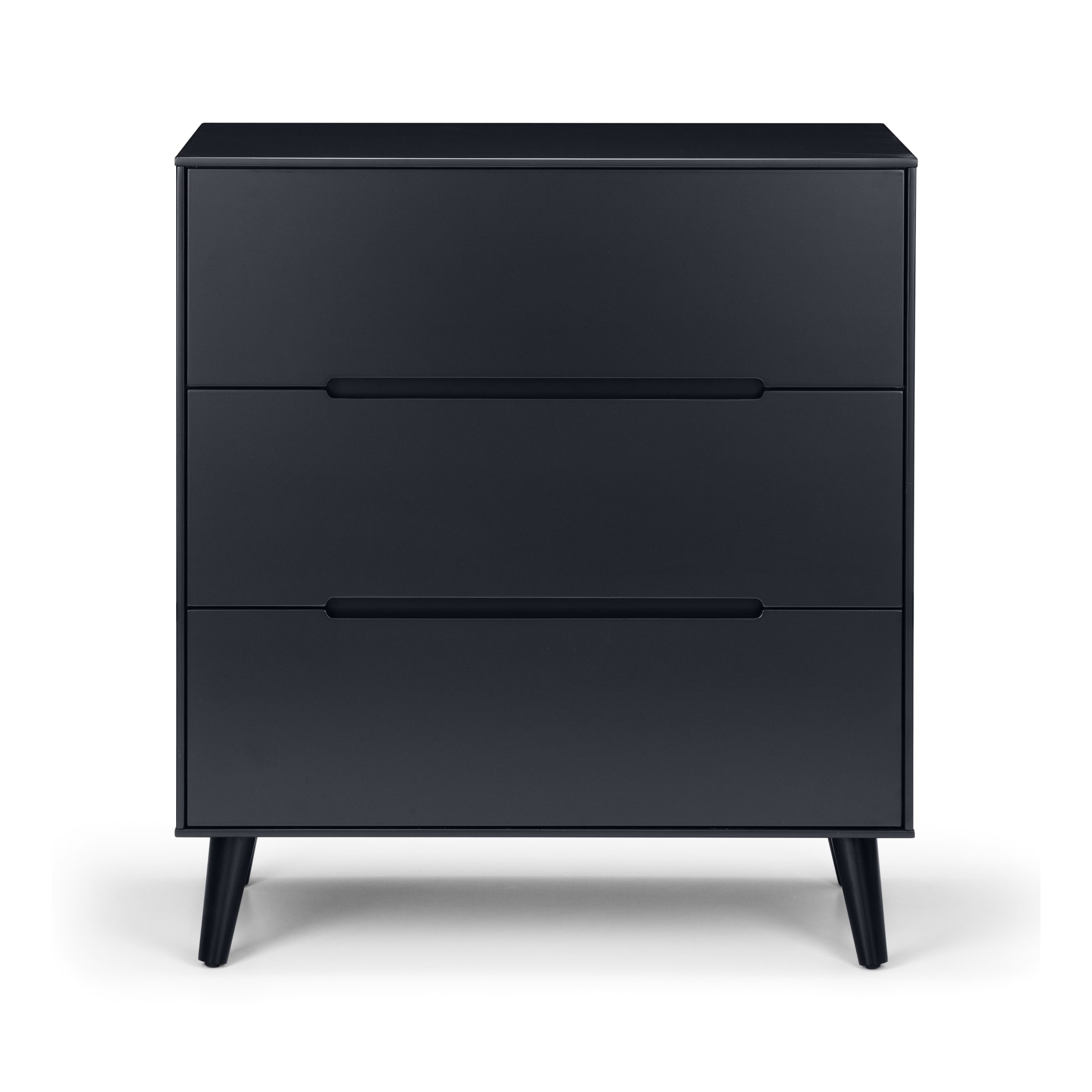 Front look on wide charcoal black 3 drawer chest 