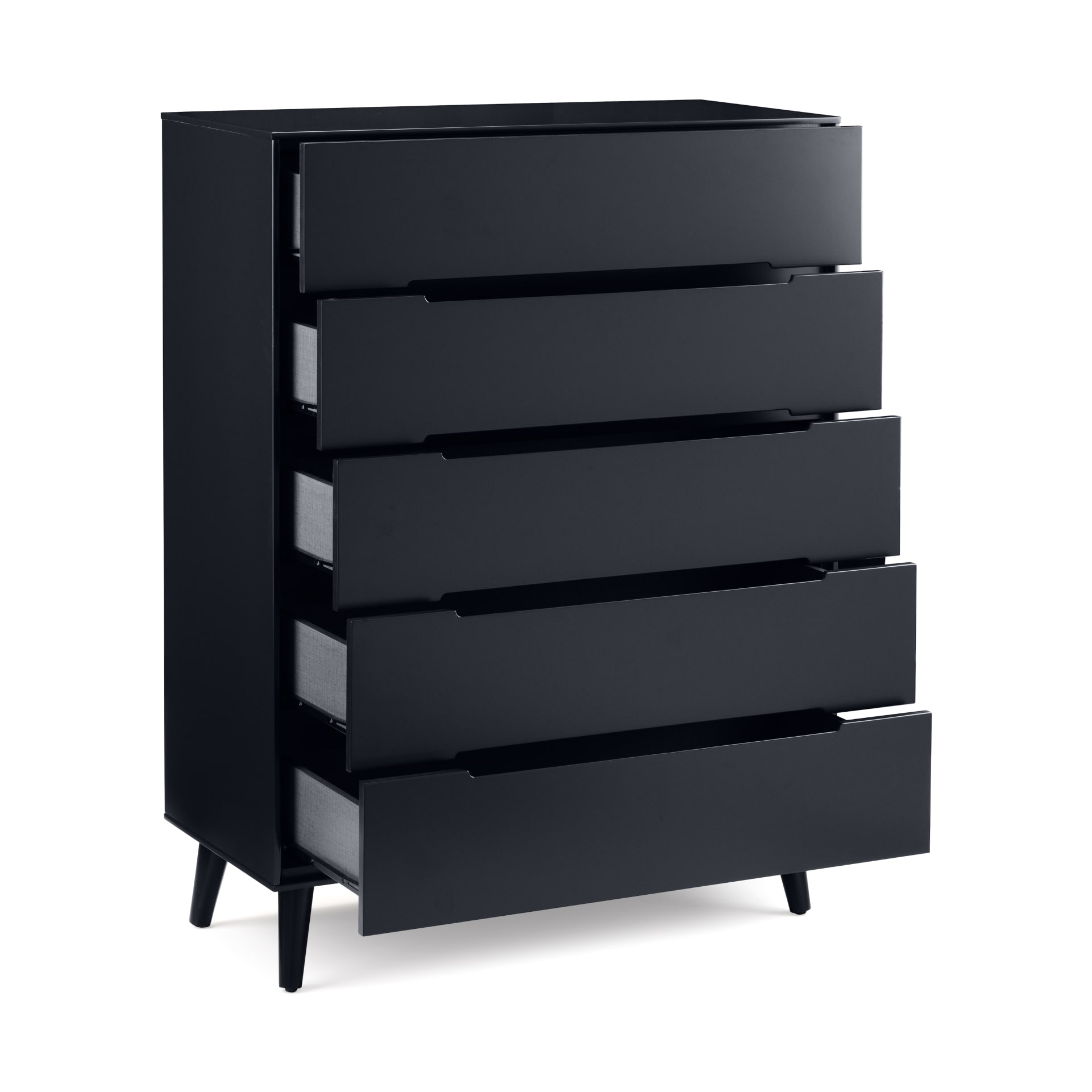 5 drawer black chest is shown with drawers open to showcase storage and opening system as well as recessed handles