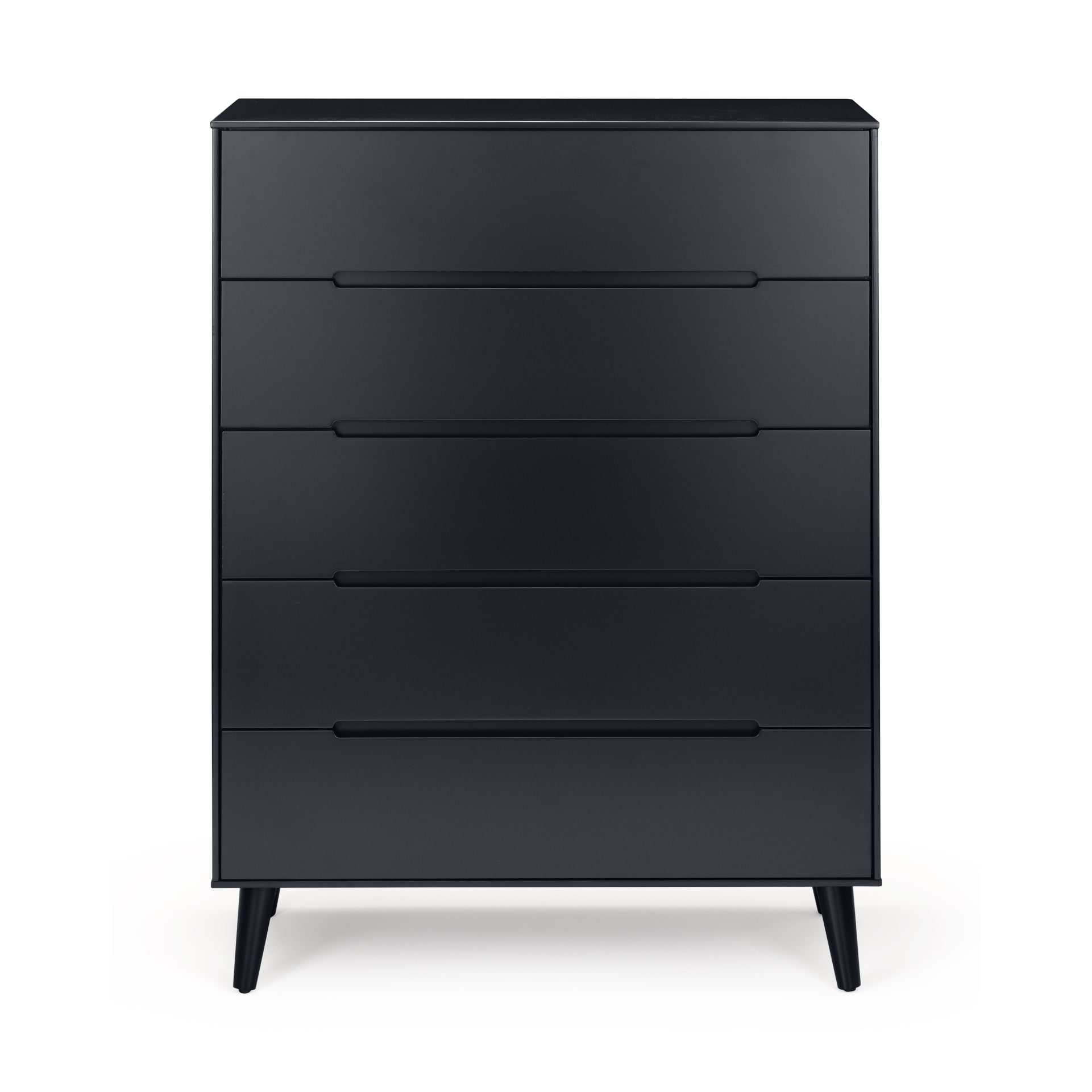 View from the front on 5 drawer chest in anthracite black colour on white background.