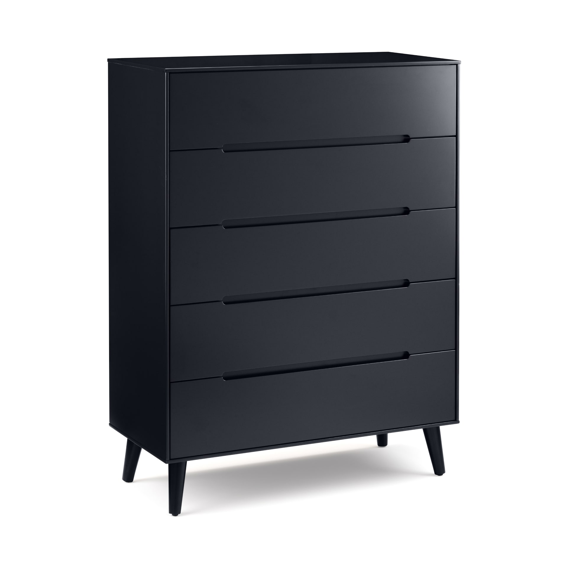 Large 5 drawer black chest with tapered legs and recessed handles is  shown on white background without distractions. 