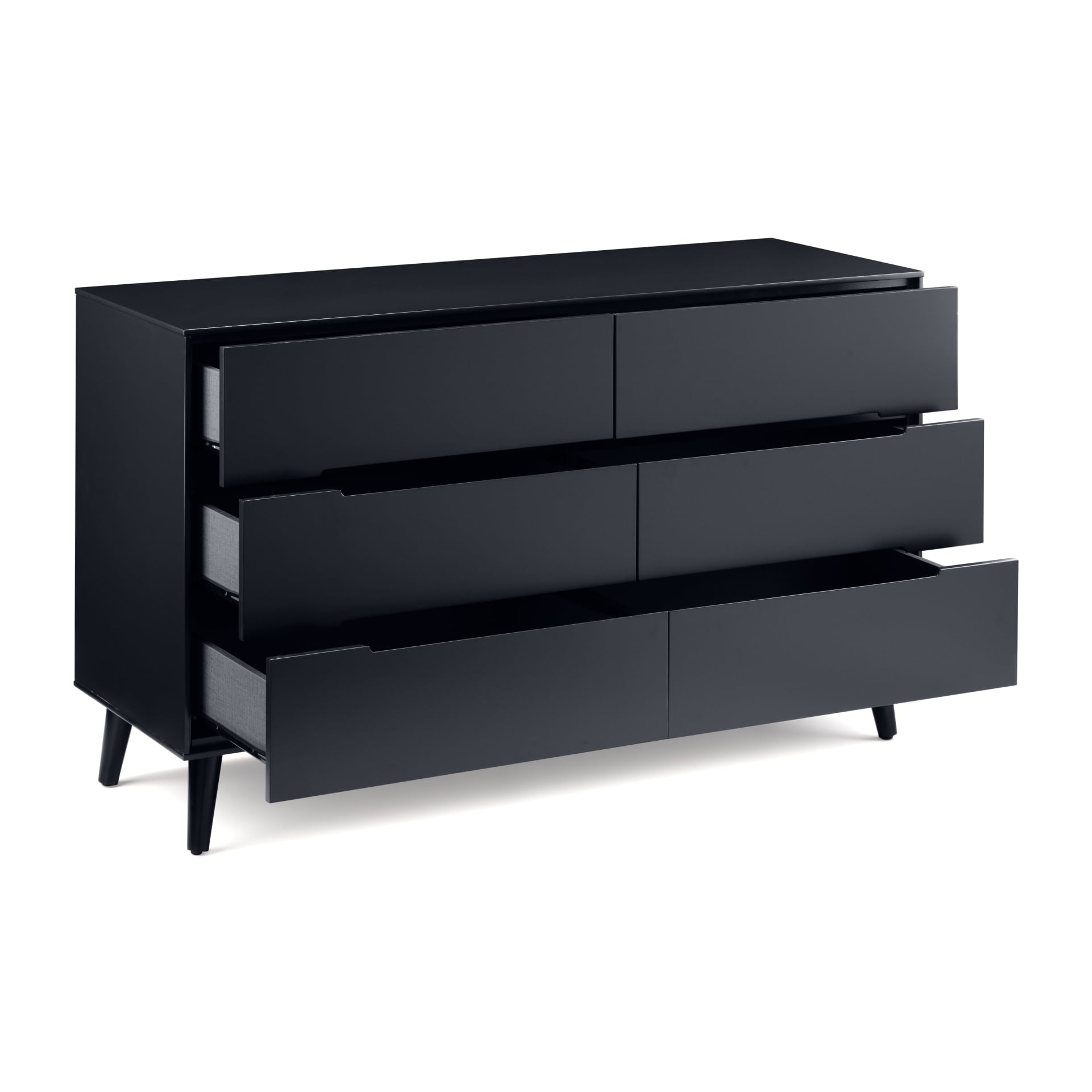 Black wide 6 drawer chest in black colour is shown with open drawers showcasing the storage space and opening mechanism