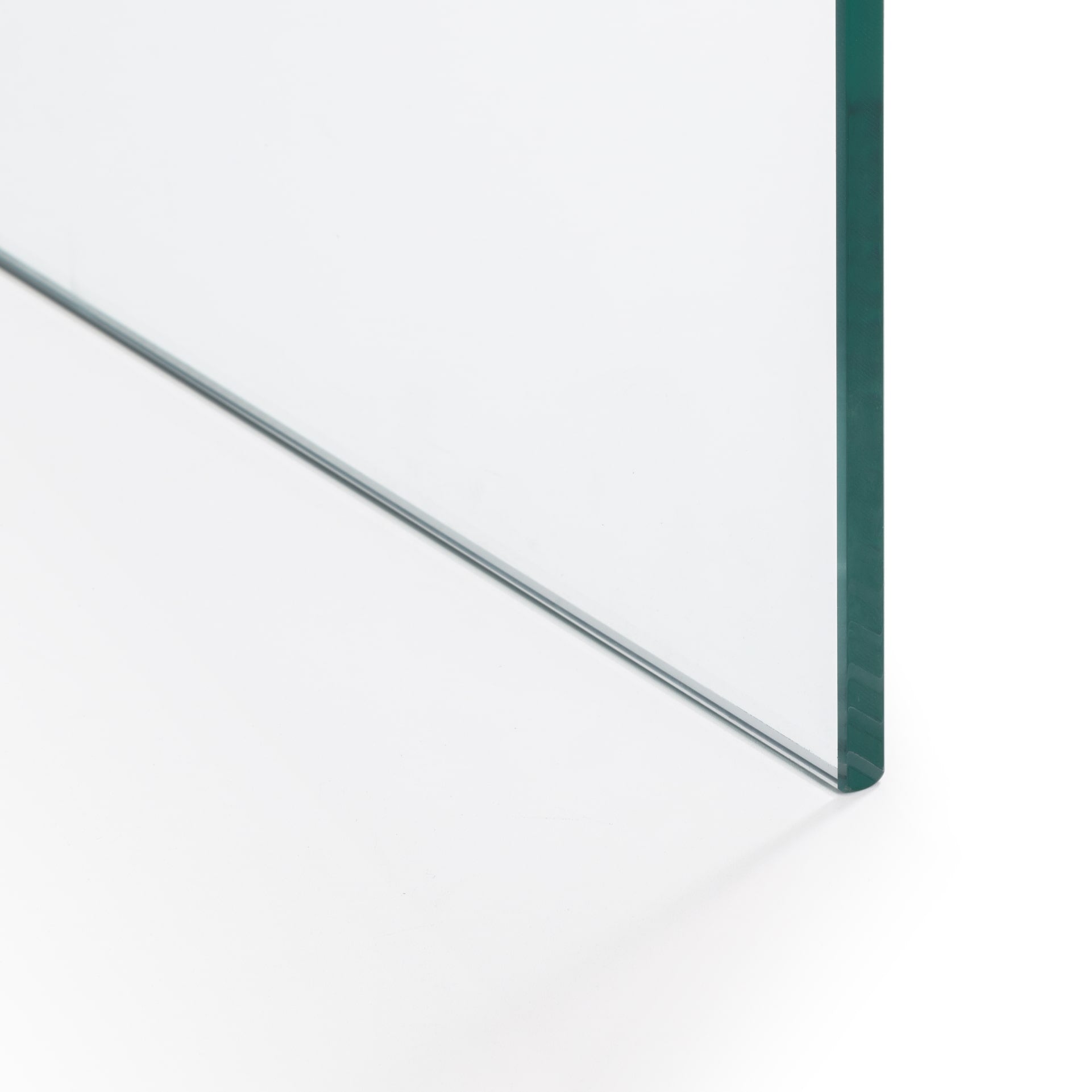 Close view of the edges and leg of the console table from tempered glass