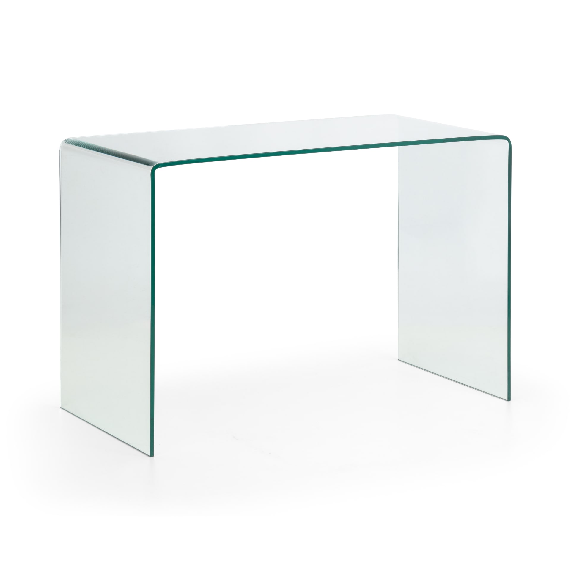 Bent glass desk is shown on a white background without distractions