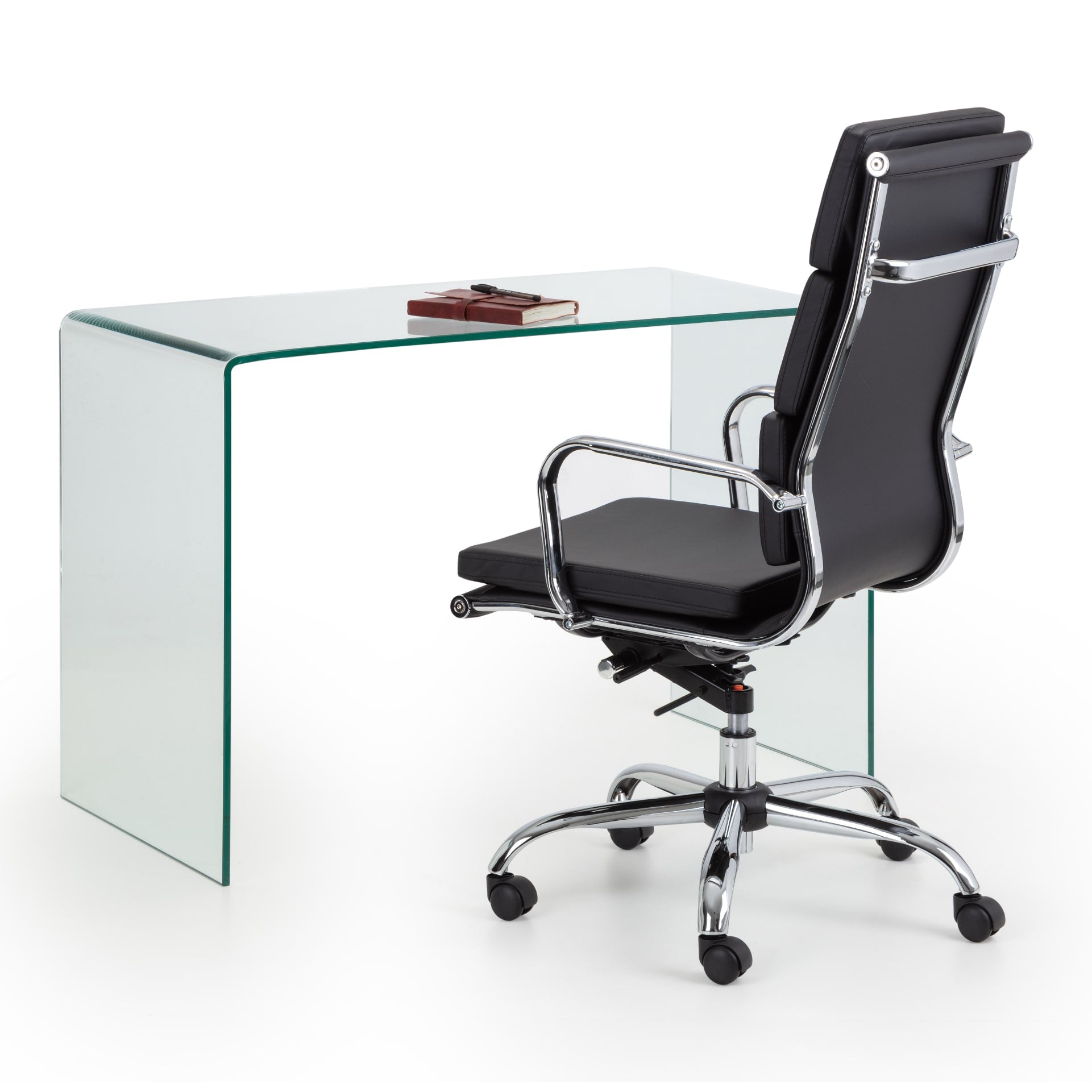 Clear glass desk is presented next to an office chair on white background without distractions.