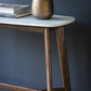 Close-up view on marble top and wooden leg structure of the elegant minimalist console table