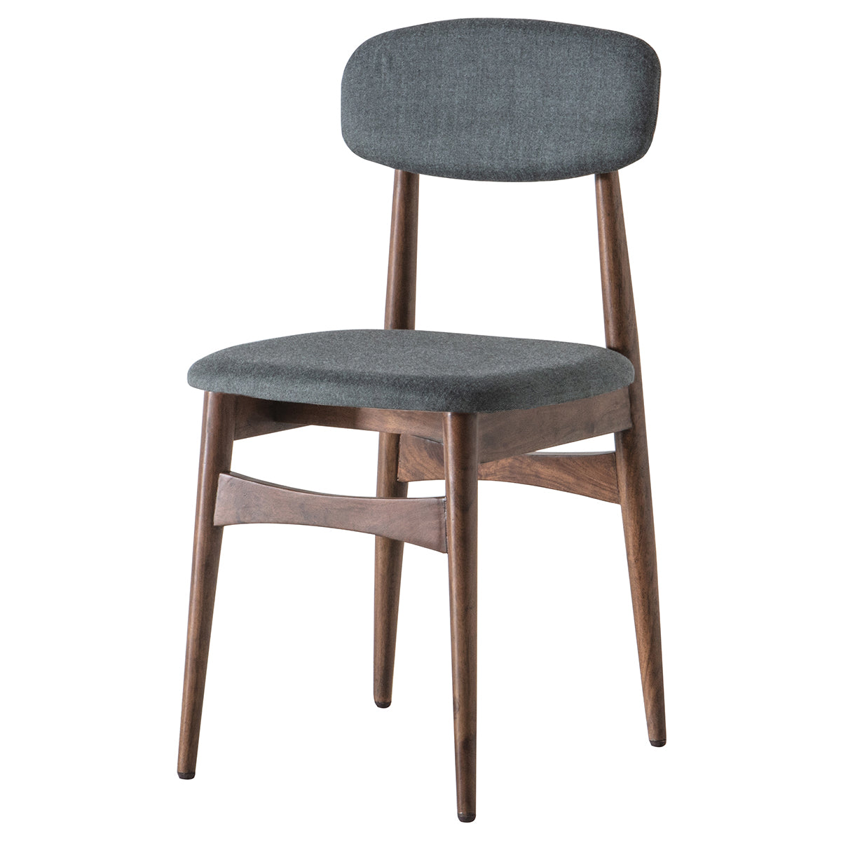 Minimalist elegant dining chair with tapered wooden legs and padded seat and backrest. Product only picture. Side view