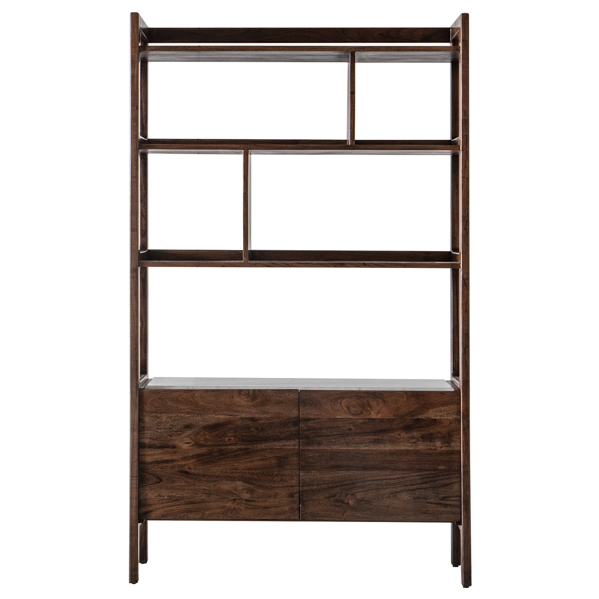 Wood and marble display unit with open and closed storage