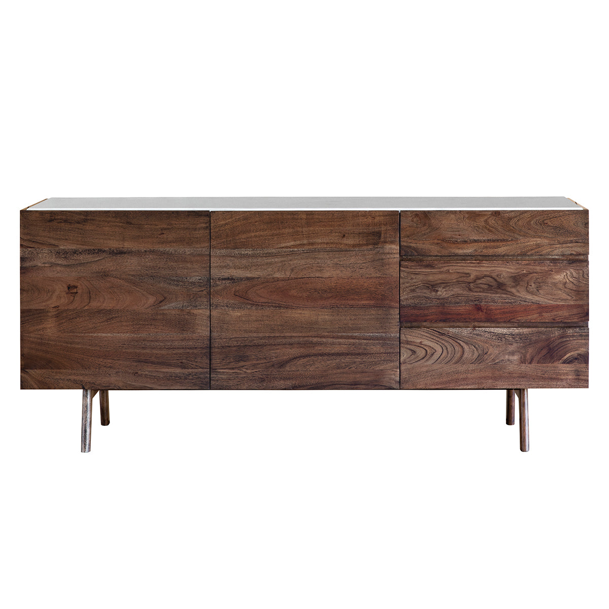 Wooden and marble sideboard with 2 cupboards and 3 drawers storage, front view
