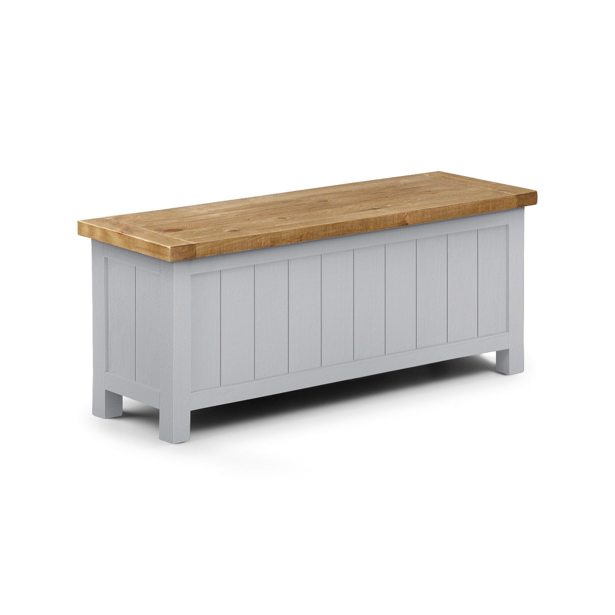 Grey hallway storage bench is shown at an angle on white background