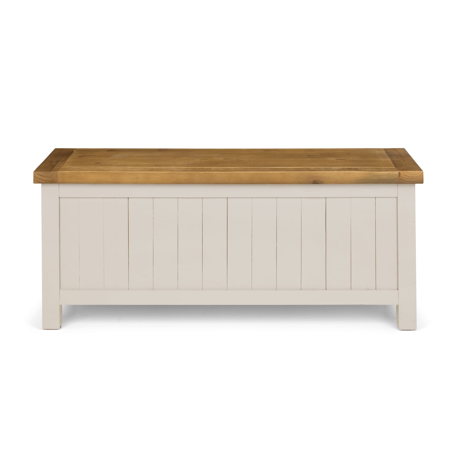 Front view of light wood and grey hallway bench on white background without distractions 