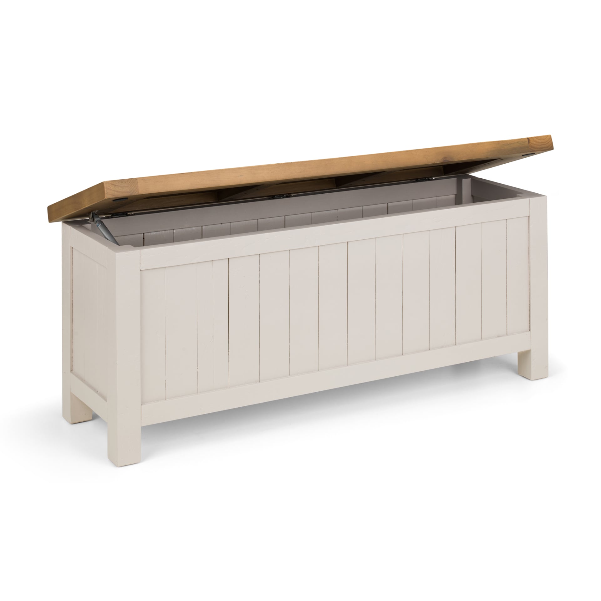 Half open grey and light wood hallway bench on white background at an angle