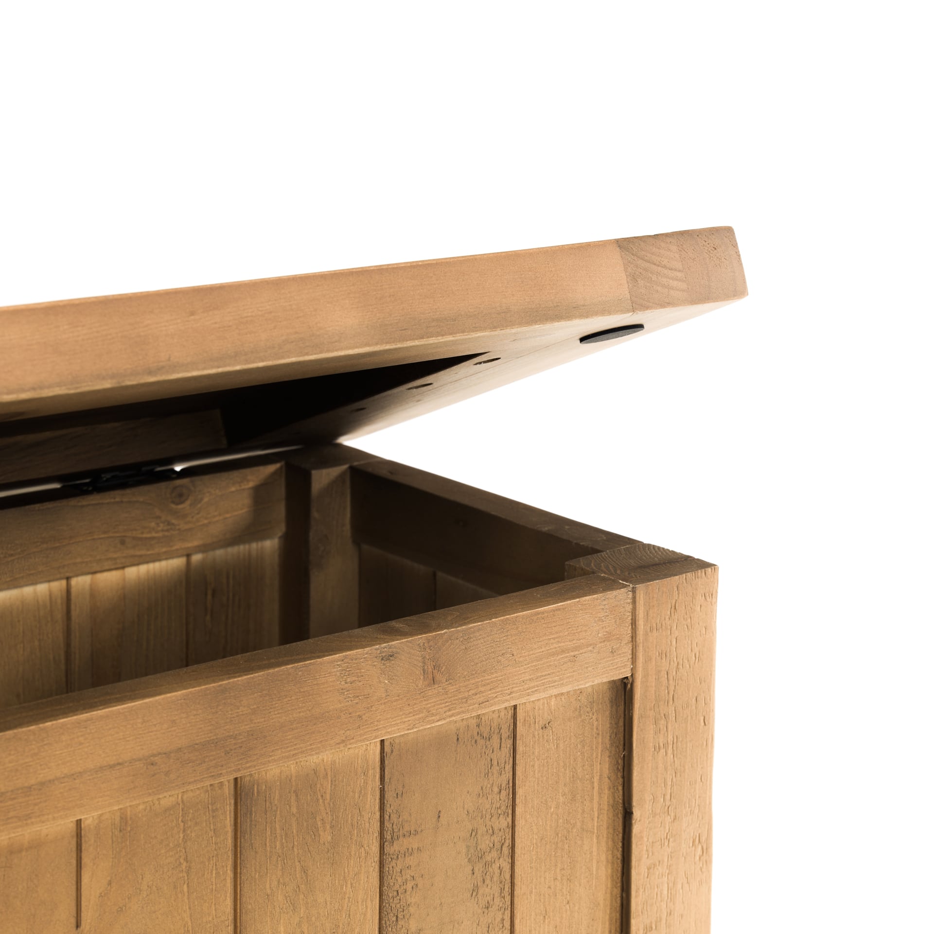 Detailed view on half open storage of the wooden bench with finishes of outside and inside of the bench