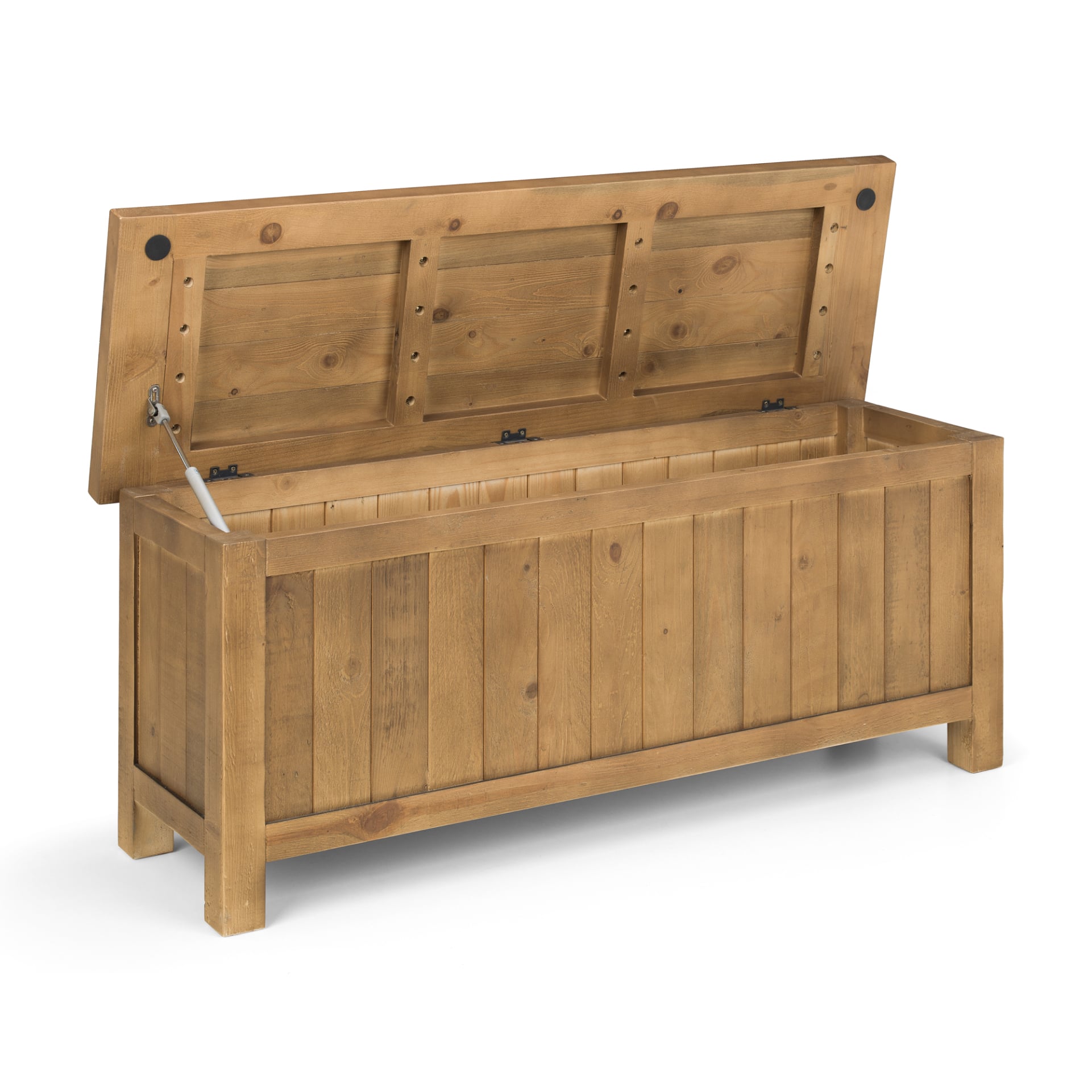 Fully open storage bench with back side of the seat and piston for soft closing